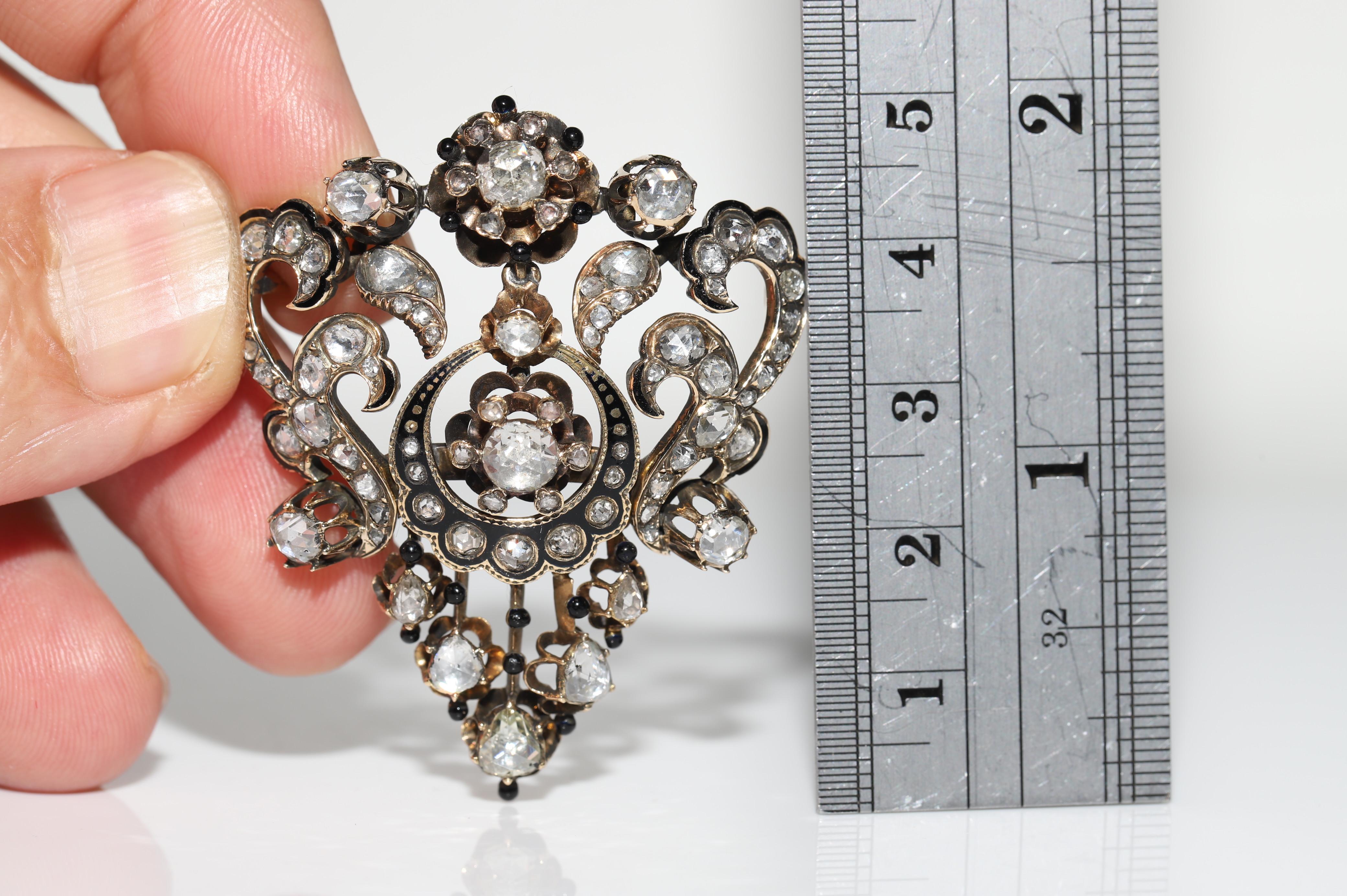 Antique Handmade Circa 1870s 14k Gold Natural Rose Cut Diamond Enamel Brooch For Sale 13