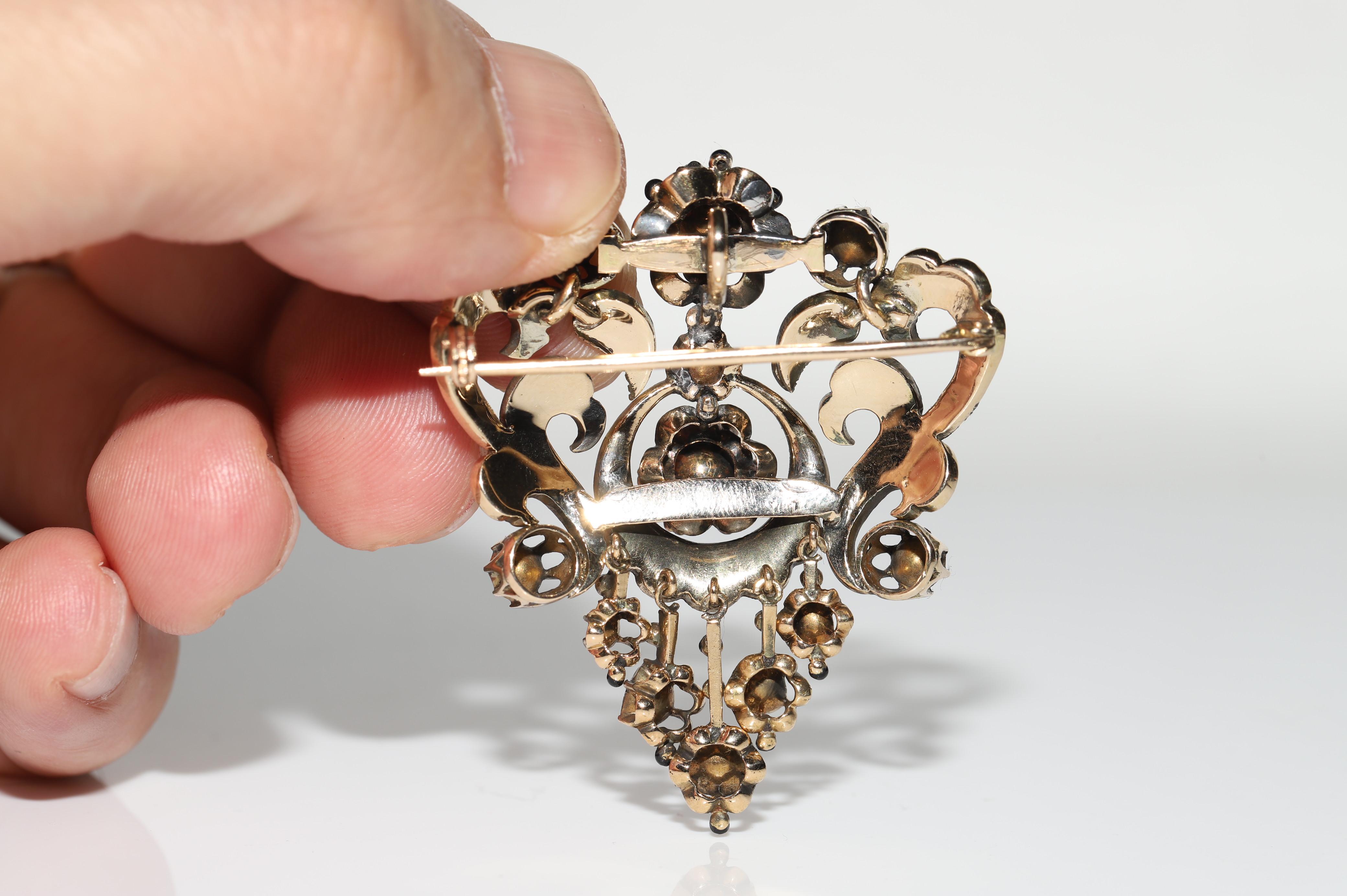Antique Handmade Circa 1870s 14k Gold Natural Rose Cut Diamond Enamel Brooch  For Sale 14