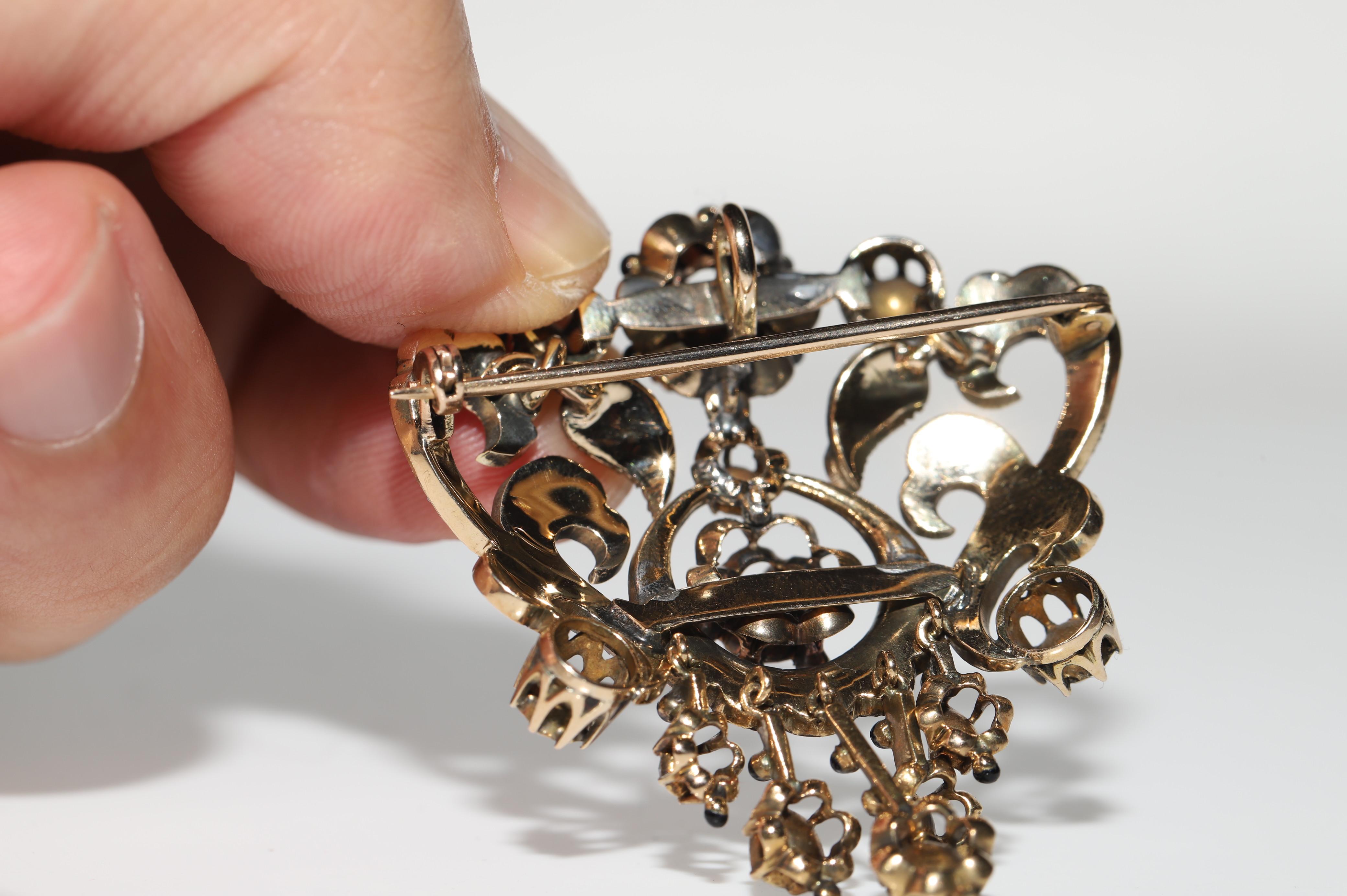 Antique Handmade Circa 1870s 14k Gold Natural Rose Cut Diamond Enamel Brooch  For Sale 15