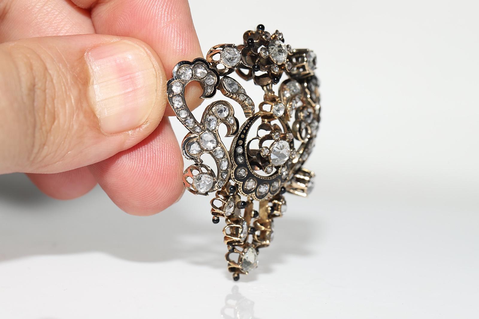 Victorian Antique Handmade Circa 1870s 14k Gold Natural Rose Cut Diamond Enamel Brooch For Sale