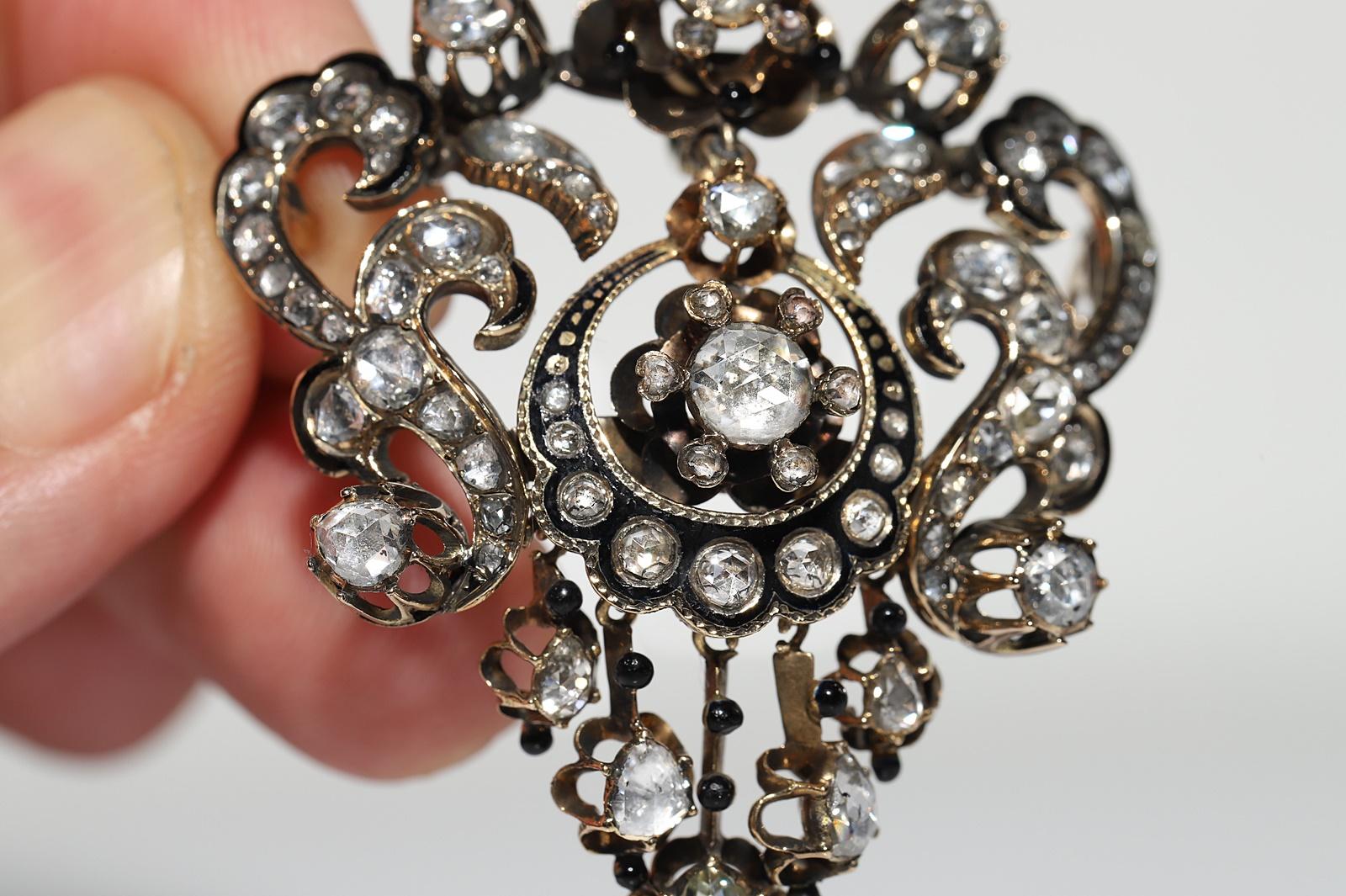 Antique Handmade Circa 1870s 14k Gold Natural Rose Cut Diamond Enamel Brooch In Good Condition For Sale In Fatih/İstanbul, 34
