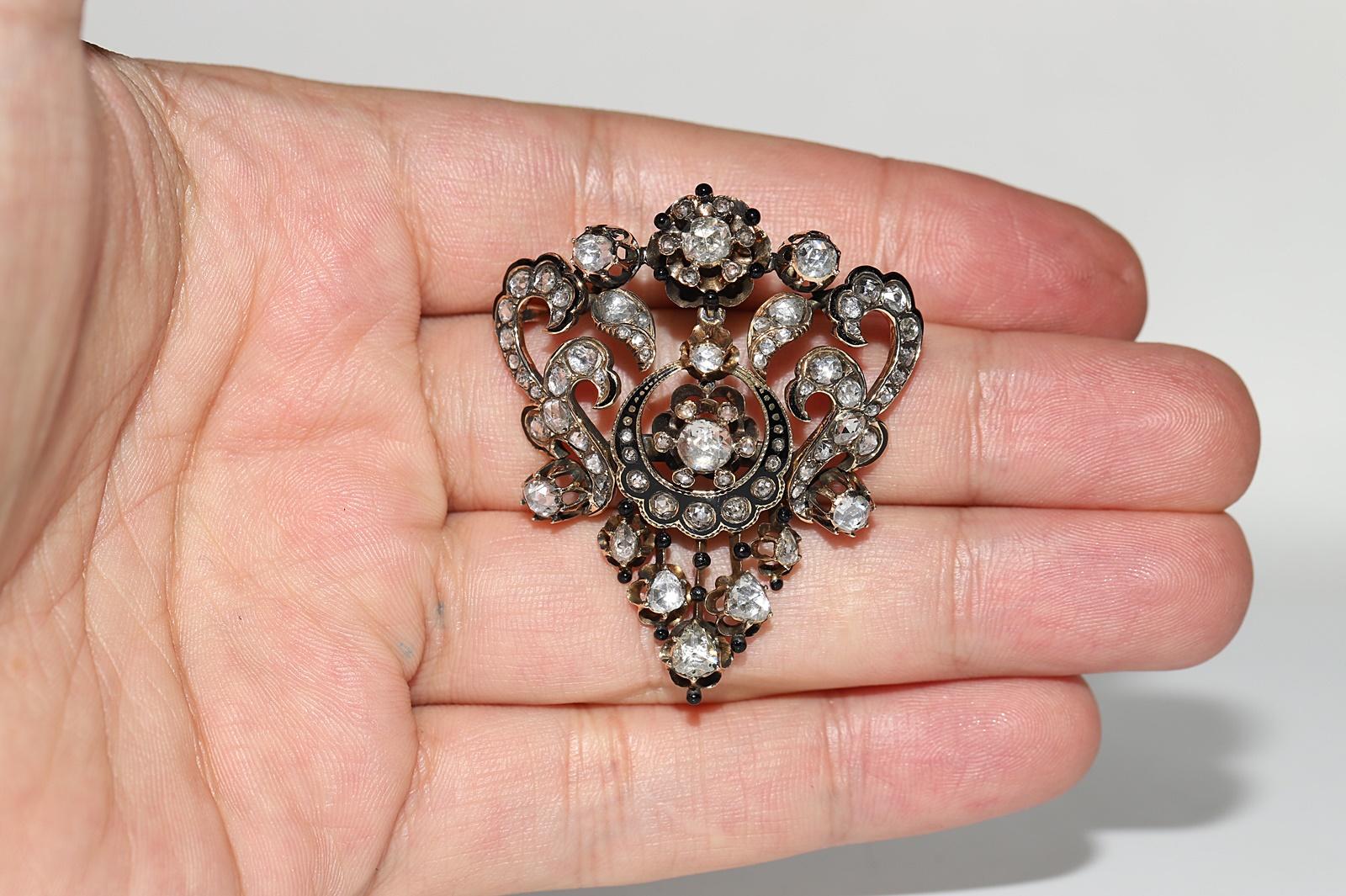 Women's Antique Handmade Circa 1870s 14k Gold Natural Rose Cut Diamond Enamel Brooch For Sale