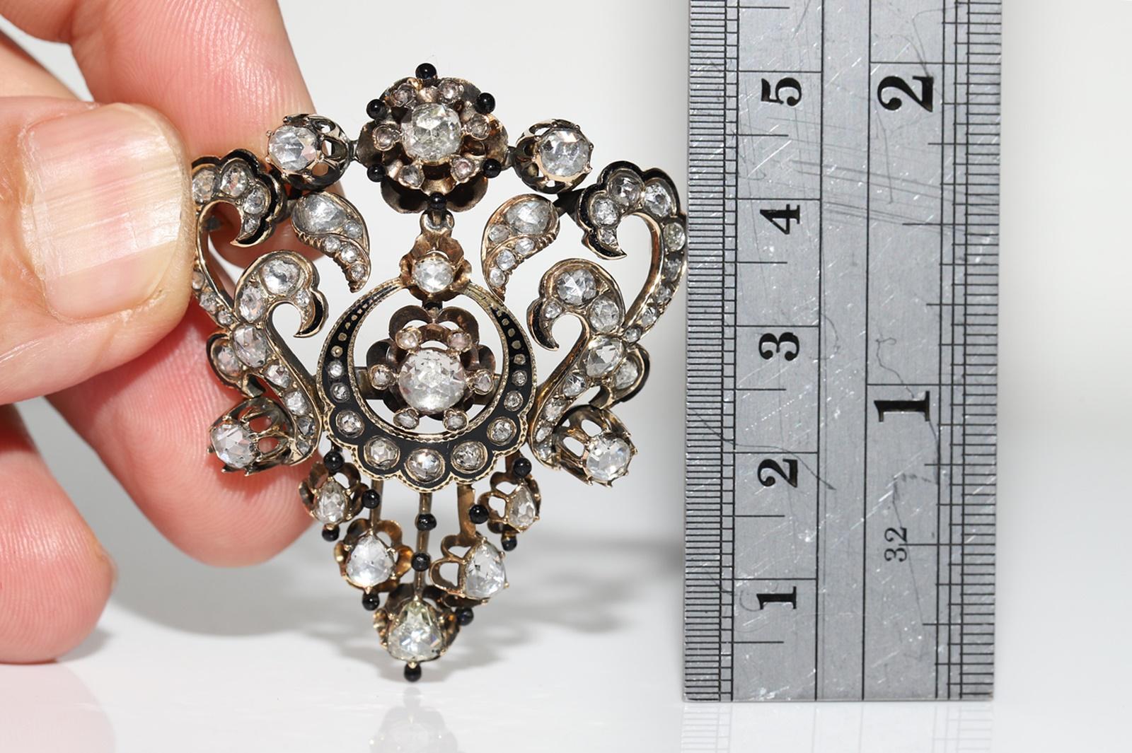 Antique Handmade Circa 1870s 14k Gold Natural Rose Cut Diamond Enamel Brooch For Sale 1