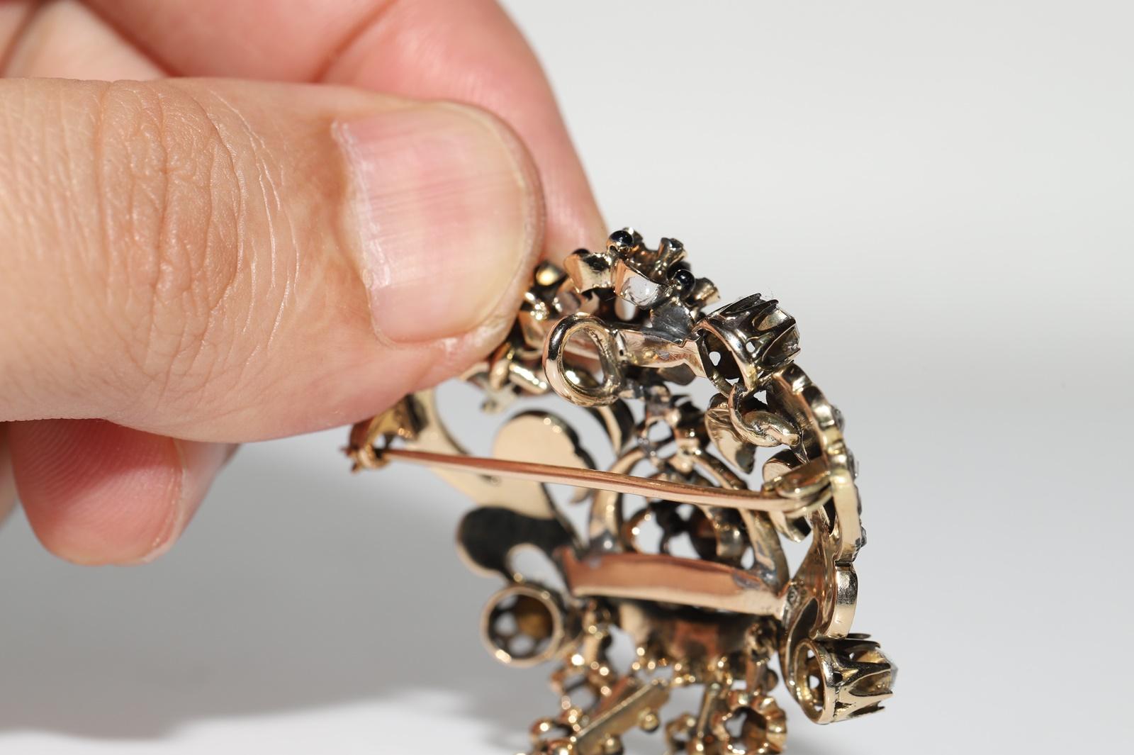 Antique Handmade Circa 1870s 14k Gold Natural Rose Cut Diamond Enamel Brooch For Sale 4