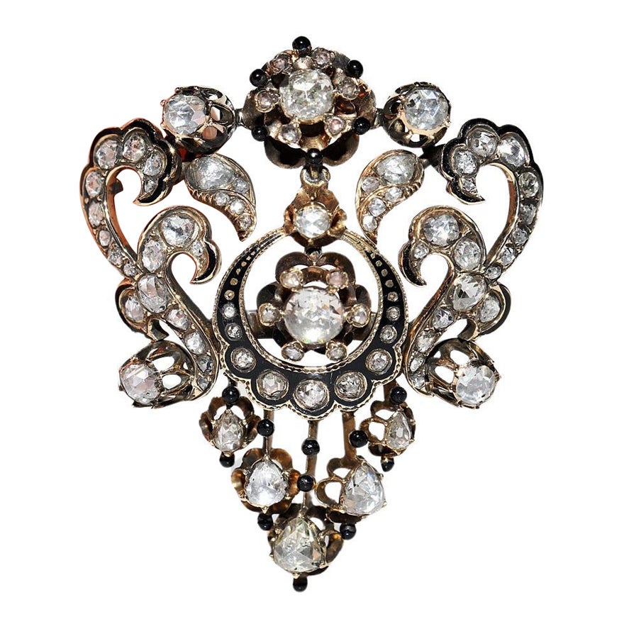 Antique Handmade Circa 1870s 14k Gold Natural Rose Cut Diamond Enamel Brooch