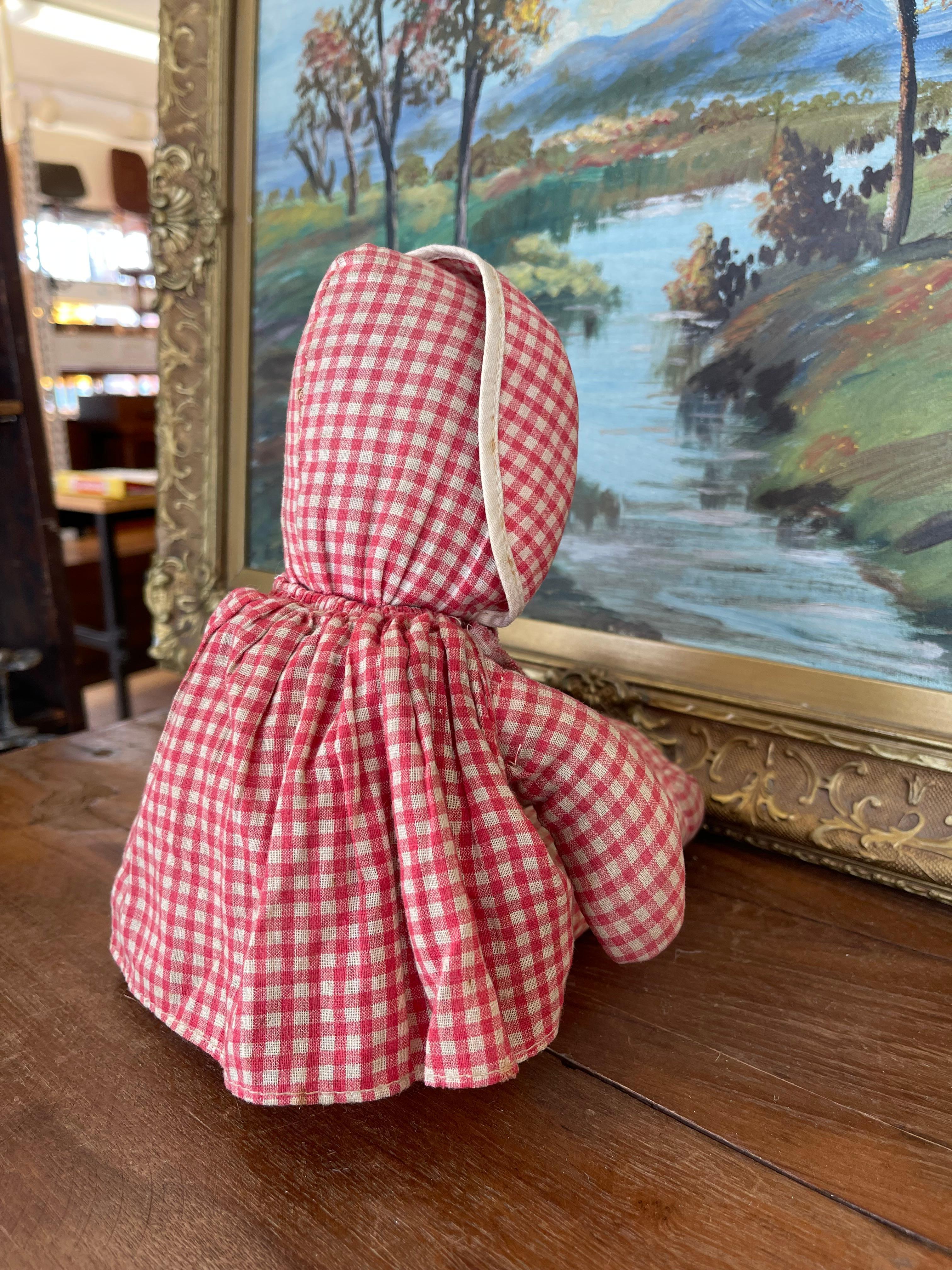 Antique Handmade Cloth Doll with Painted Face and Red Gingham Outfit For Sale 4