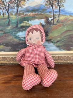 Antique Handmade Cloth Doll with Painted Face and Red Gingham Outfit