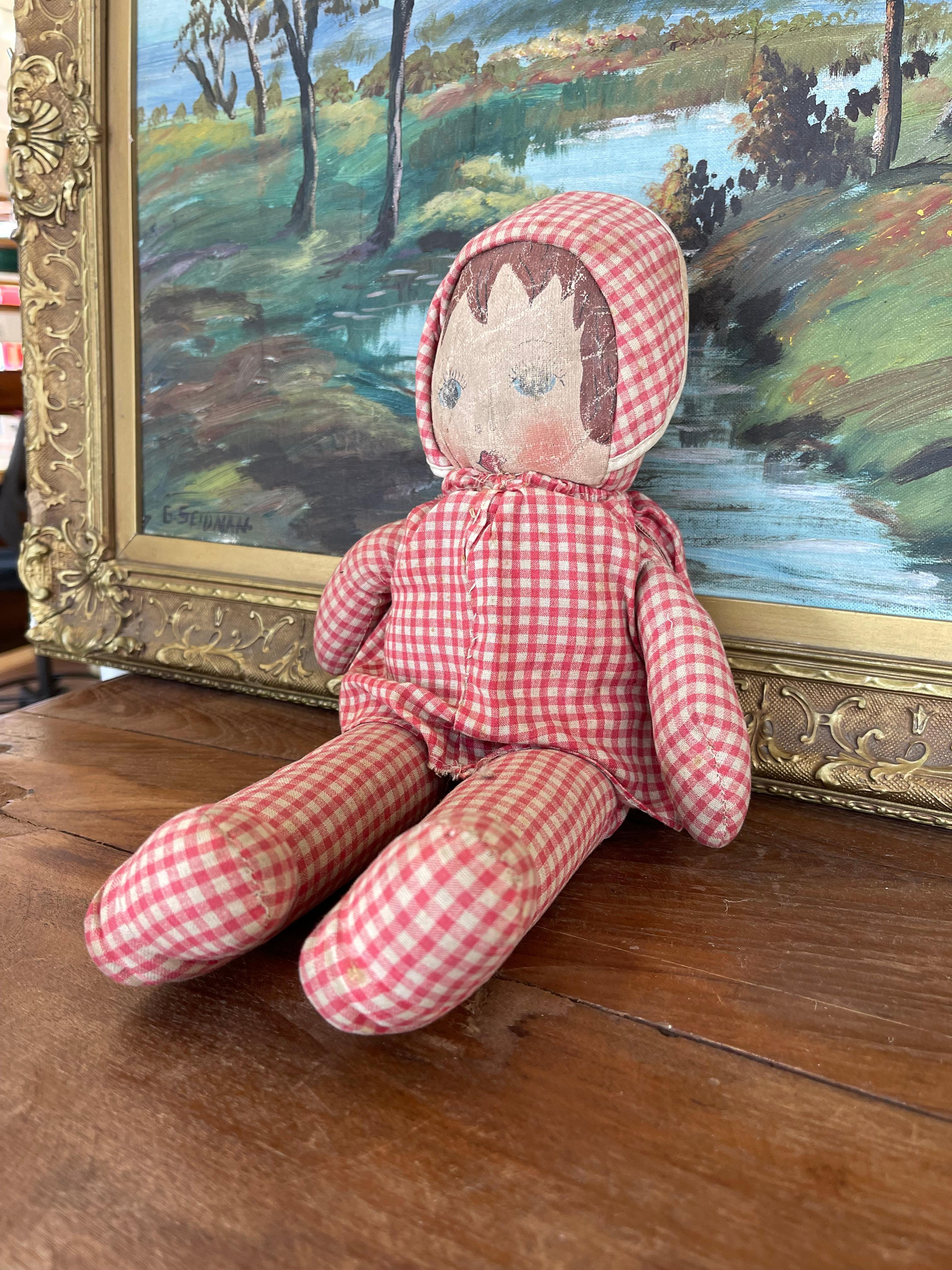 Antique Handmade Cloth Doll with Painted Face and Red Gingham Outfit In Good Condition For Sale In Seattle, WA