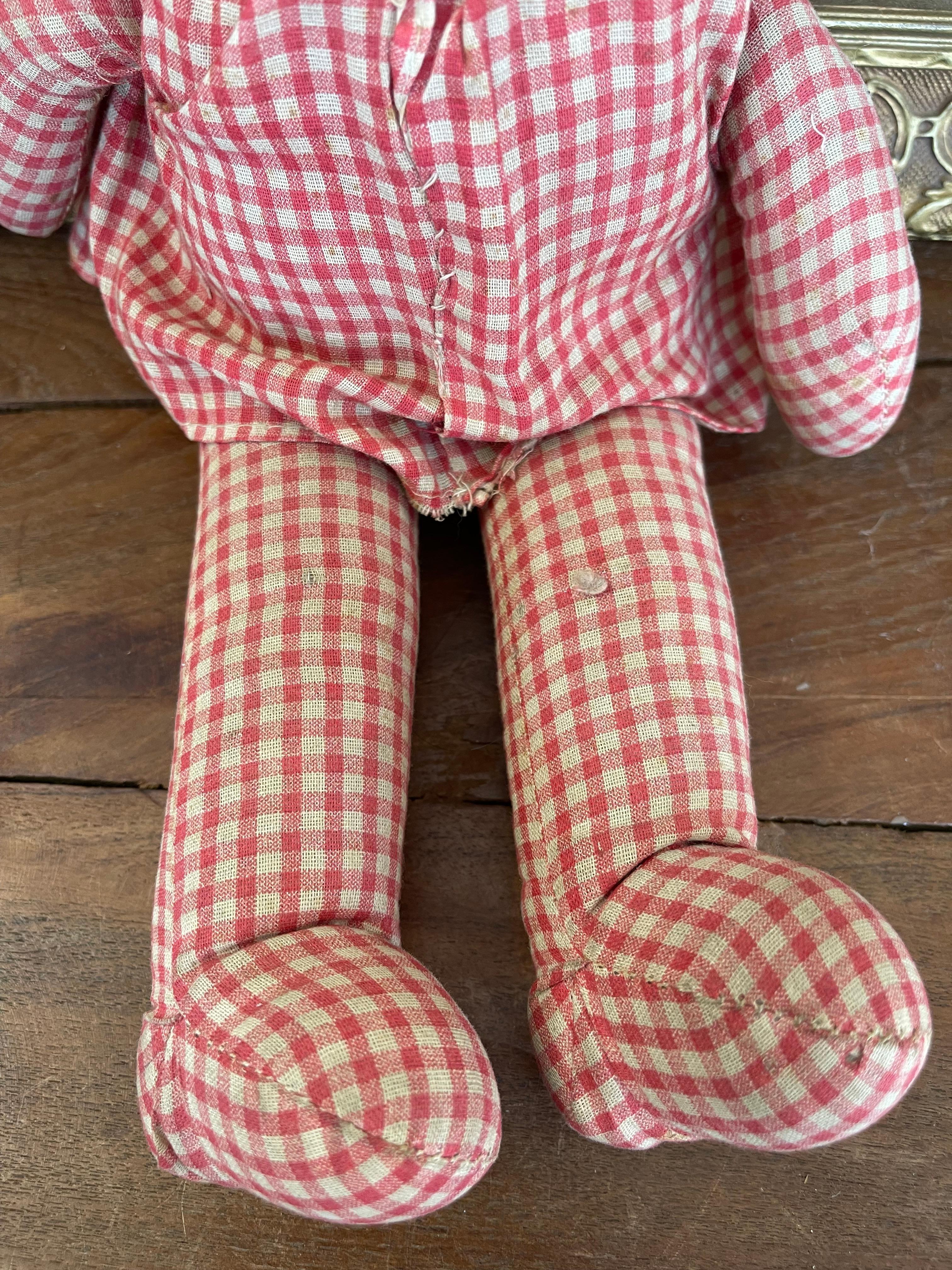 Antique Handmade Cloth Doll with Painted Face and Red Gingham Outfit For Sale 2