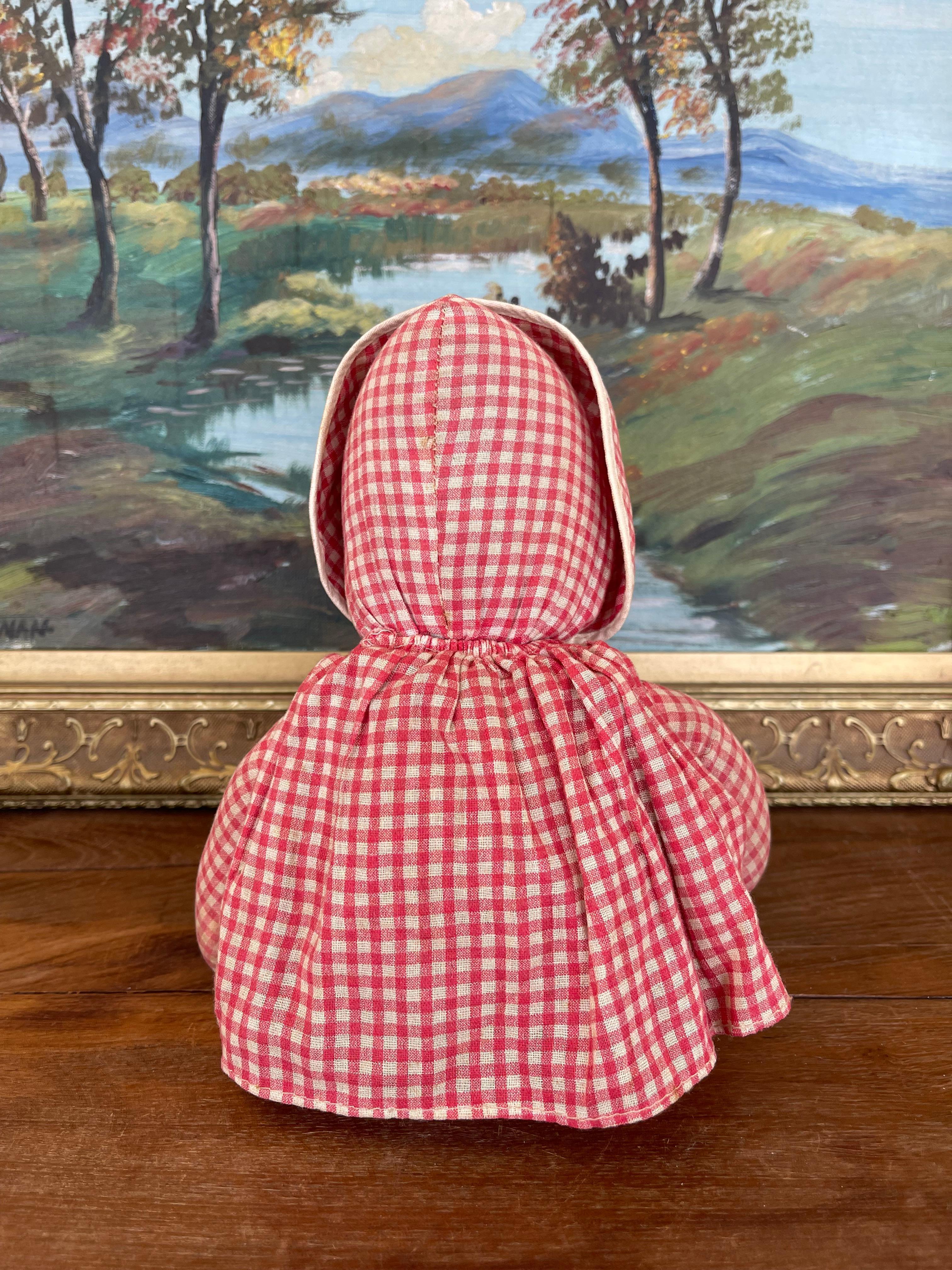 Antique Handmade Cloth Doll with Painted Face and Red Gingham Outfit For Sale 3