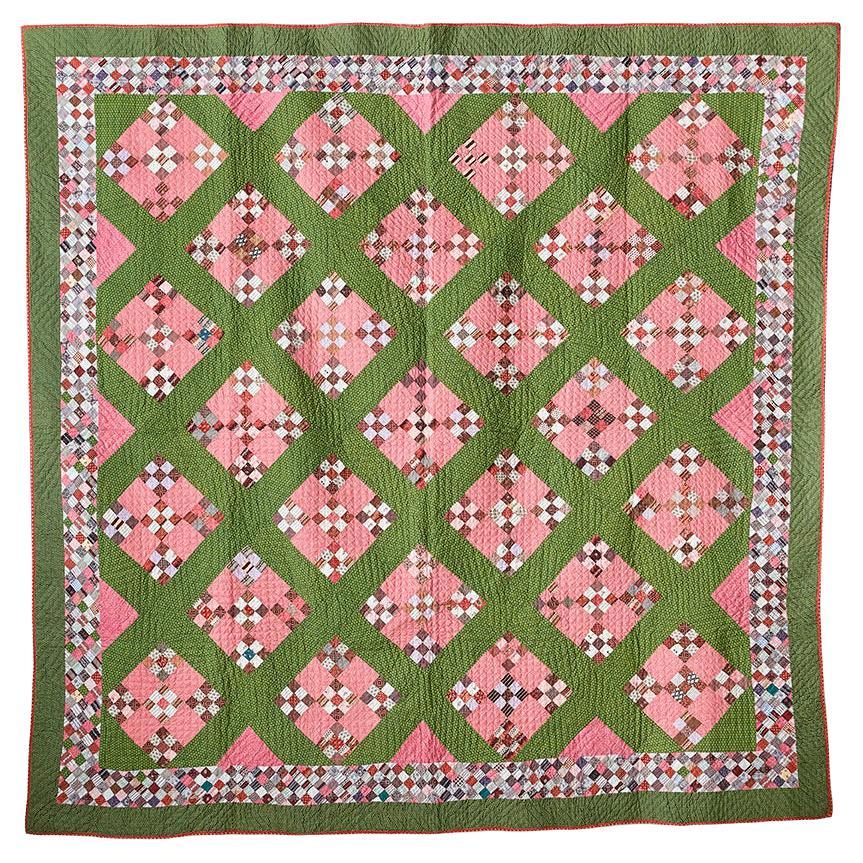 Antikes handgefertigtes Baumwoll-Patchwork „Double Nine Patch“, Quilt, USA 1870er Jahre