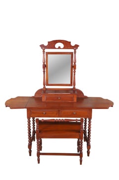 Antique Handmade Early American Cherry Drop Leaf Dressing Table Vanity Bench
