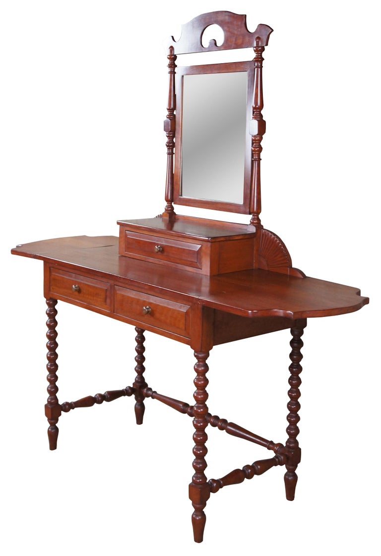 American Colonial Antique Handmade Early American Cherry Drop Leaf Dressing Table Vanity Bench For Sale