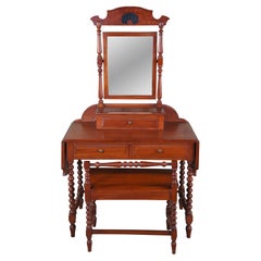 Antique Handmade Early American Cherry Drop Leaf Dressing Table Vanity Bench