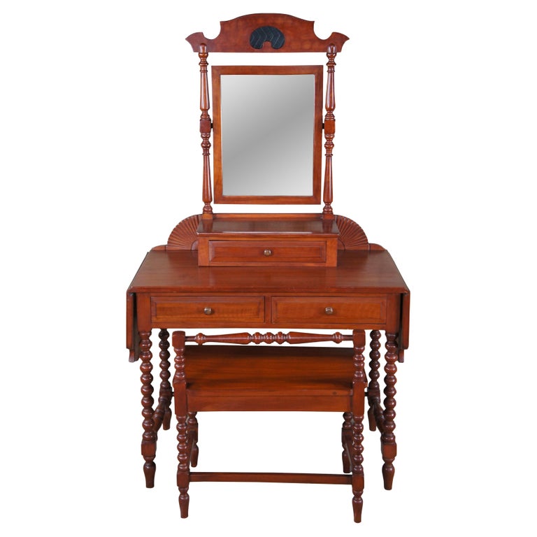Antique Handmade Early American Cherry Drop Leaf Dressing Table Vanity Bench For Sale