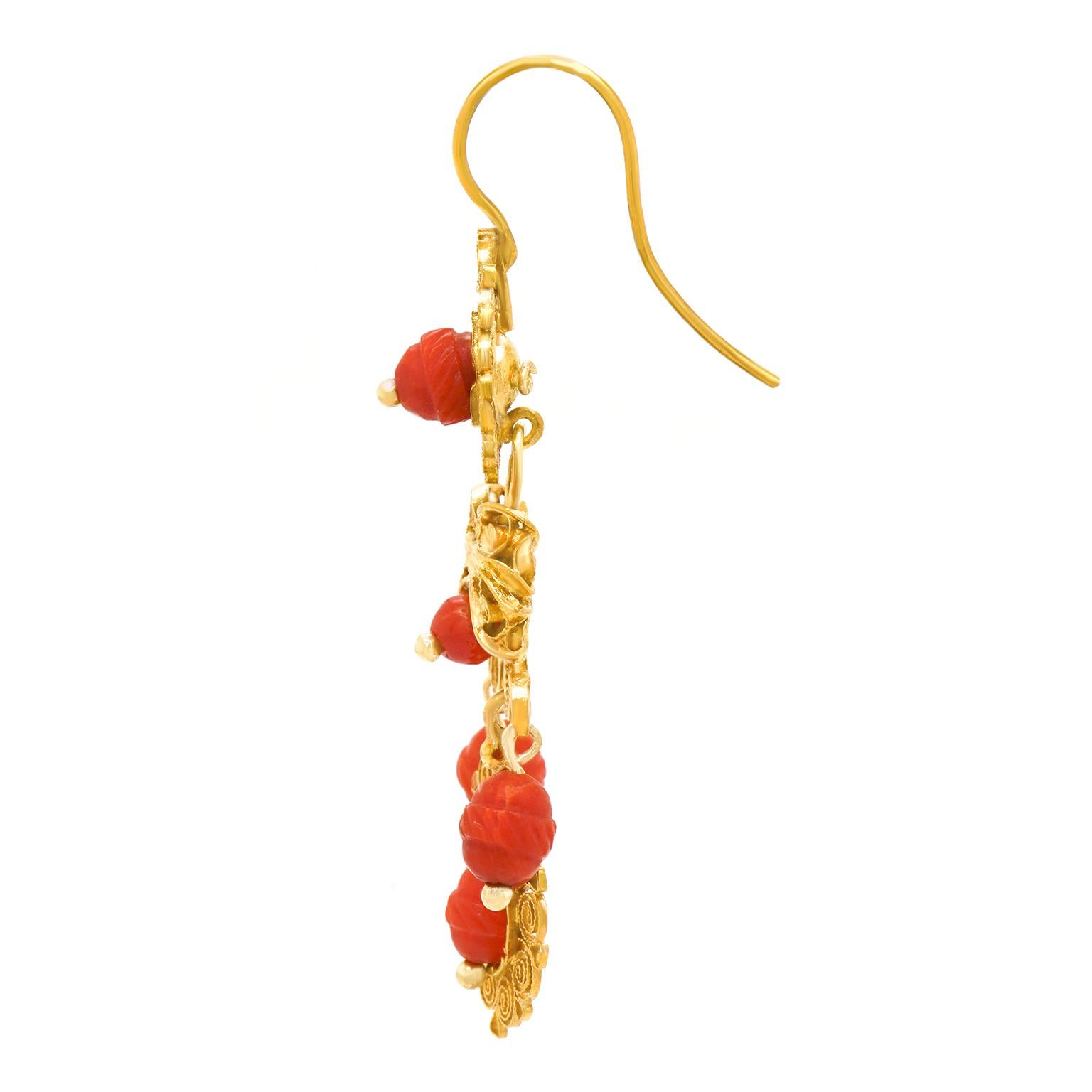 Victorian Antique Handmade Filigree Coral Earrings