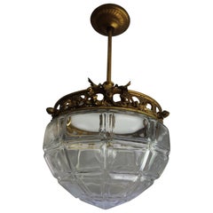 Antique, Handmade Gilt Bronze, Brass and Glass Entry Hall Pendant Light Fixture