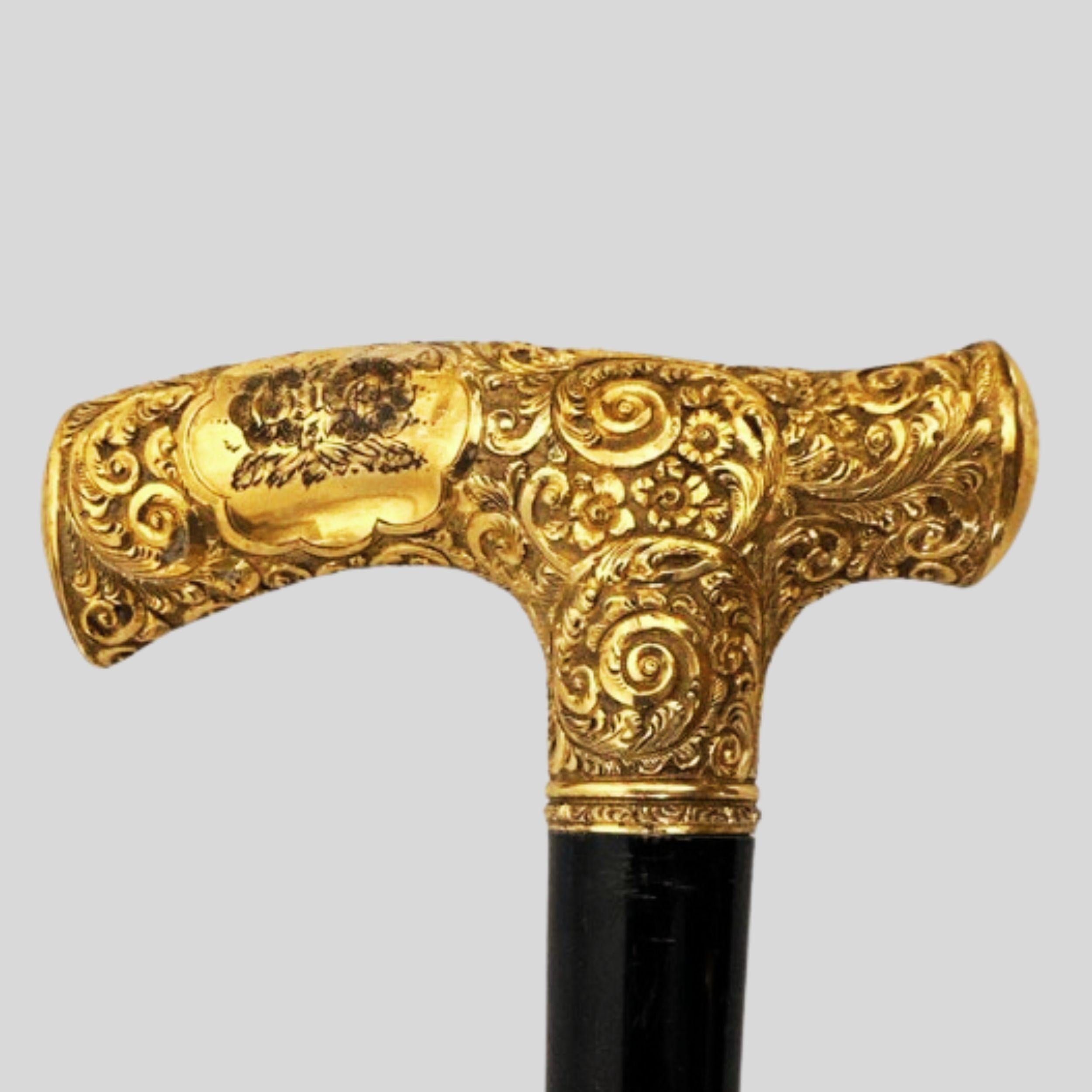 Antique Handmade Gold Plated Derby Handle Walking Stick Black Wood For Sale 5