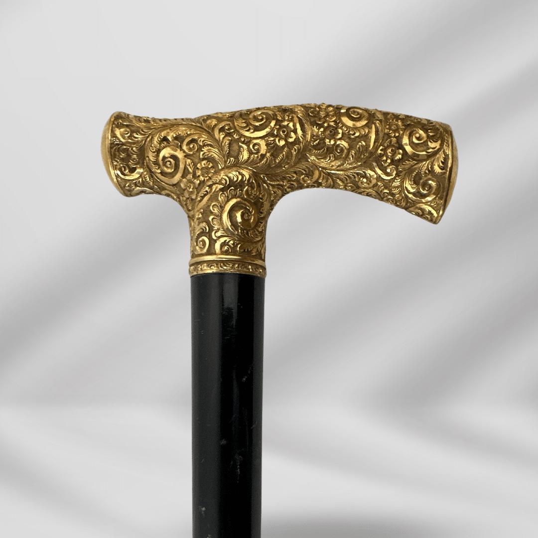 Brown Antique Handmade Gold Plated Derby Handle Walking Stick Black Wood For Sale