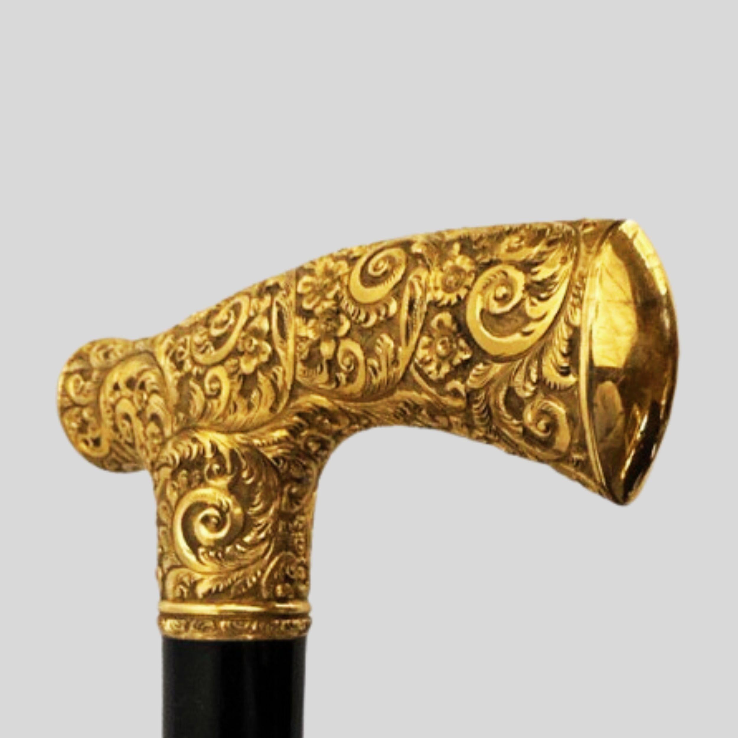 Antique Handmade Gold Plated Derby Handle Walking Stick Black Wood In Good Condition For Sale In Jacksonville, FL
