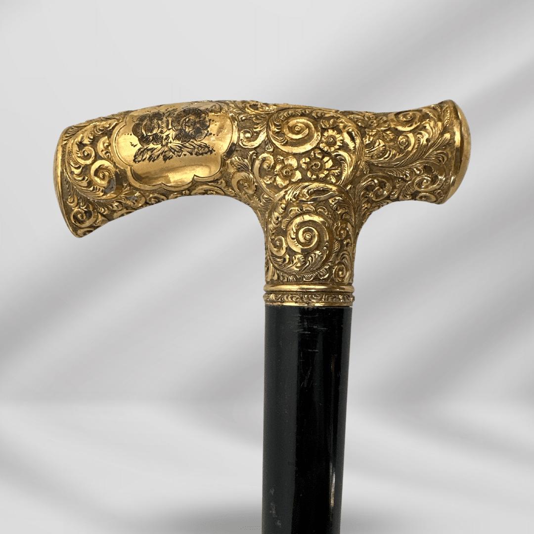 Women's or Men's Antique Handmade Gold Plated Derby Handle Walking Stick Black Wood For Sale
