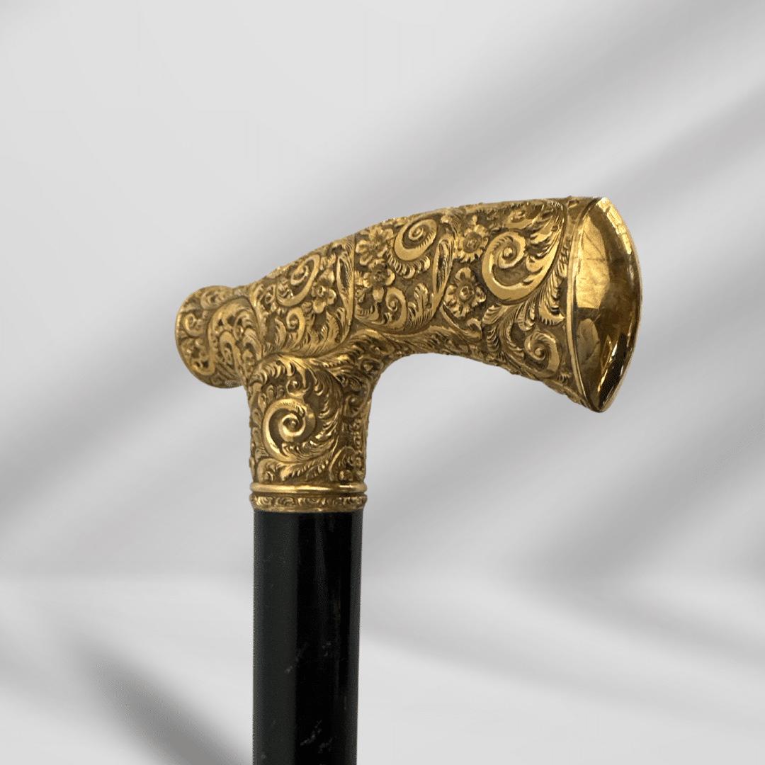 Antique Handmade Gold Plated Derby Handle Walking Stick Black Wood For Sale 1