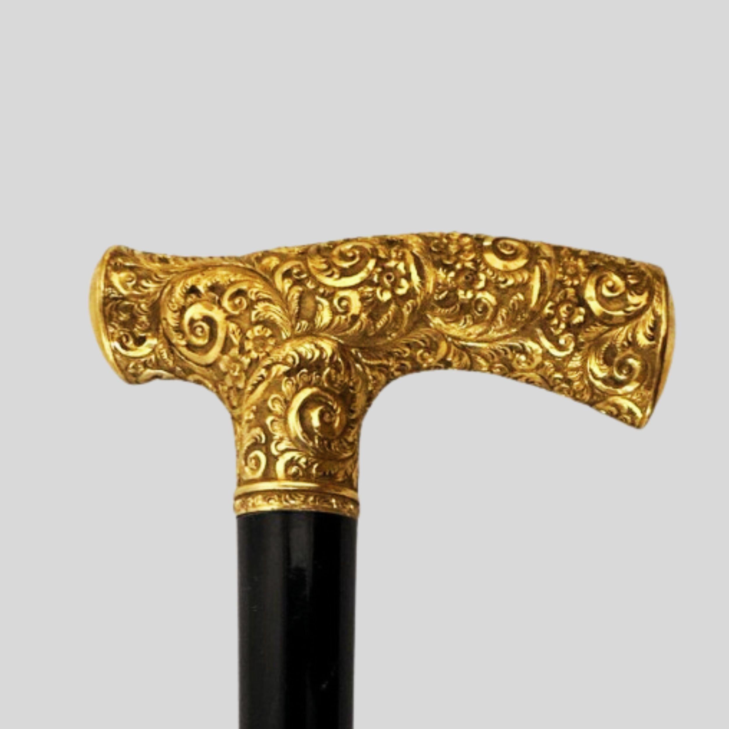 Antique Handmade Gold Plated Derby Handle Walking Stick Black Wood For Sale 3
