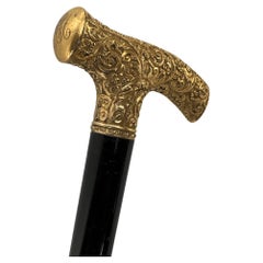 Antique Handmade Gold Plated Derby Handle Walking Stick Black Wood