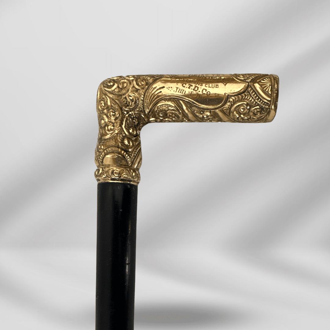 Antico bastone da passeggio da uomo placcato in oro con impugnatura a L Anno 1910, inciso in vendita 4