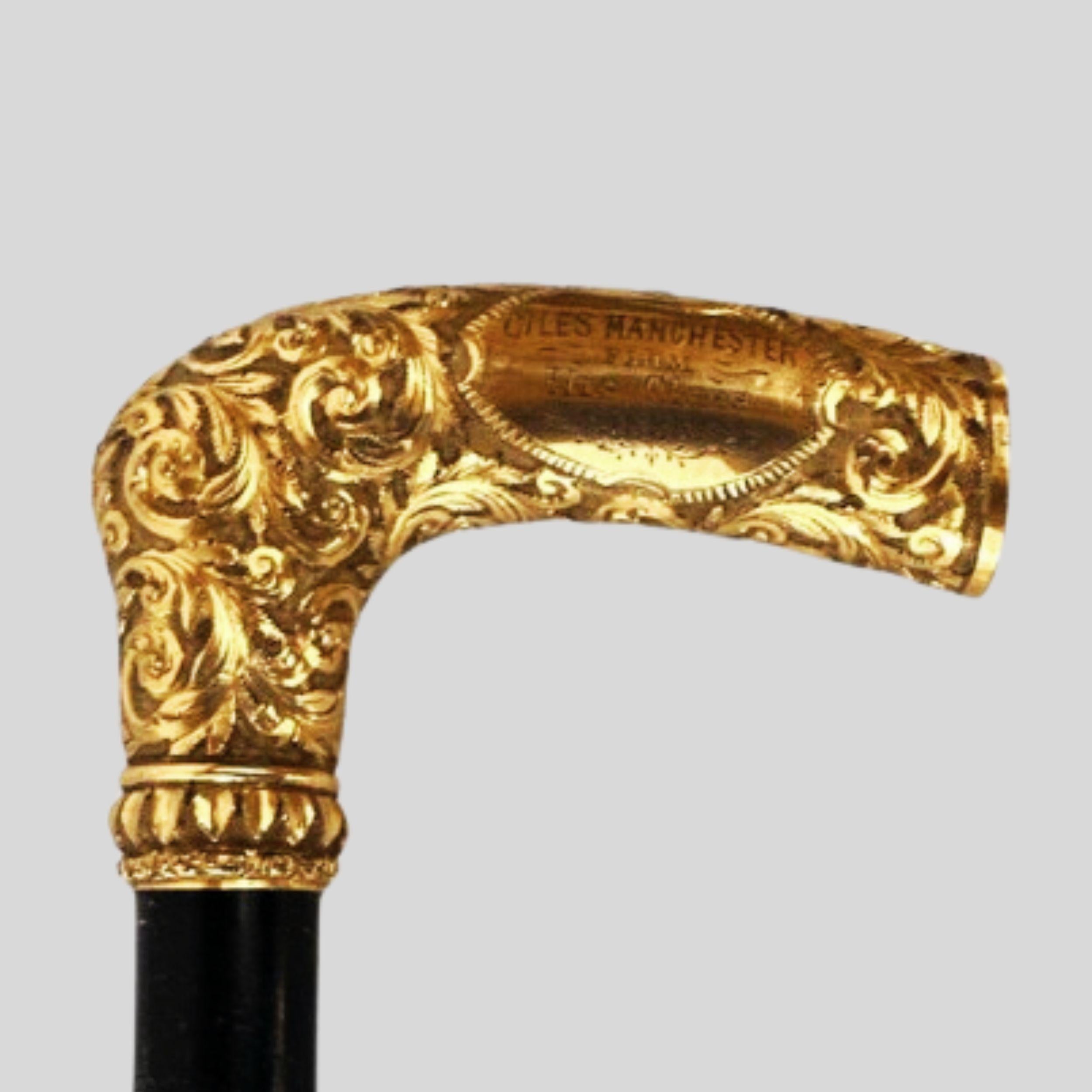 Antico bastone da passeggio a mano placcato in oro con impugnatura a L da uomo Anno 1888 in vendita 6