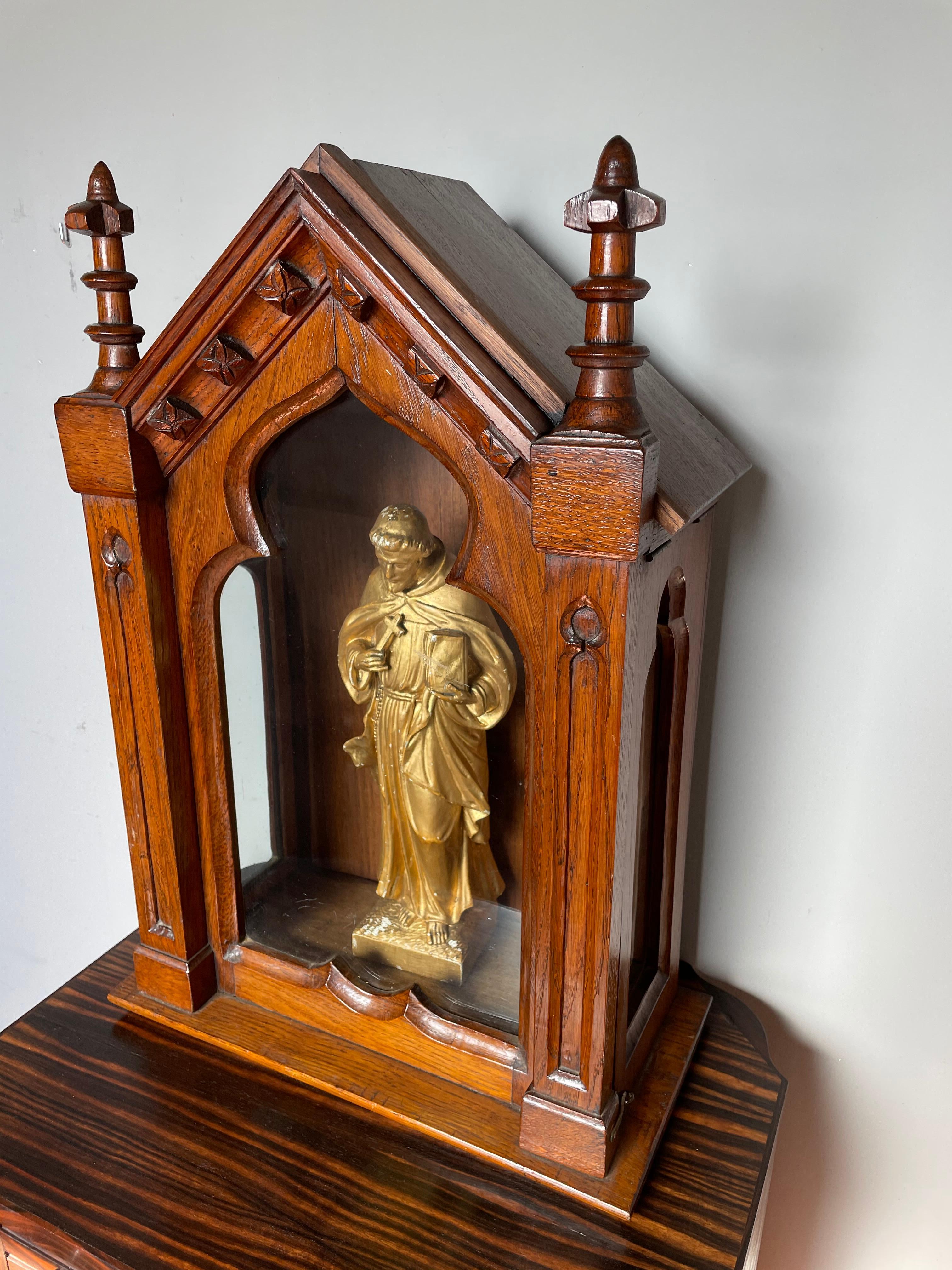 Antique Handmade Gothic Revival Glass and Oak Display Cabinet For a Saint Statue 3