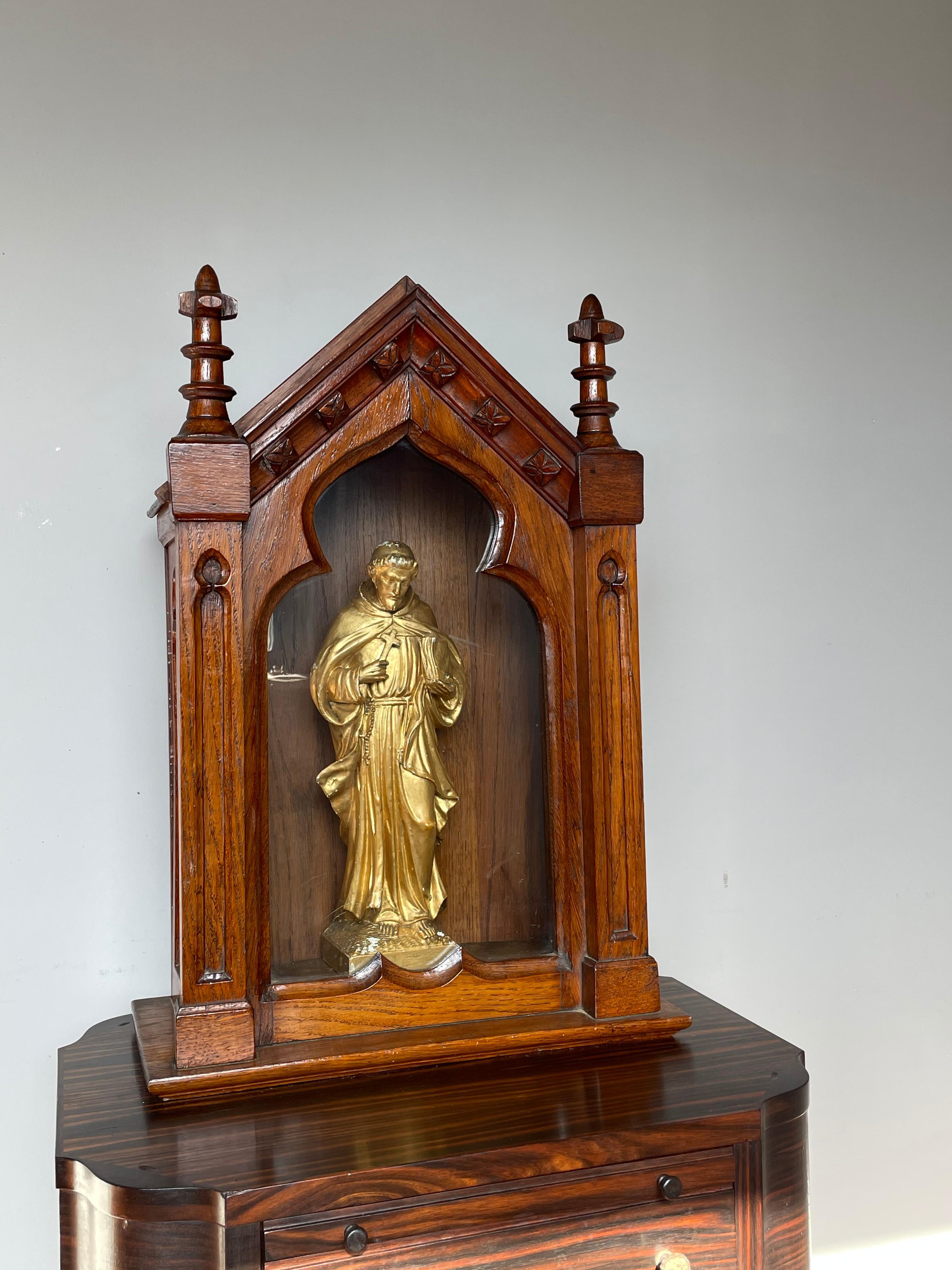 Hand-Carved Antique Handmade Gothic Revival Glass and Oak Display Cabinet For a Saint Statue