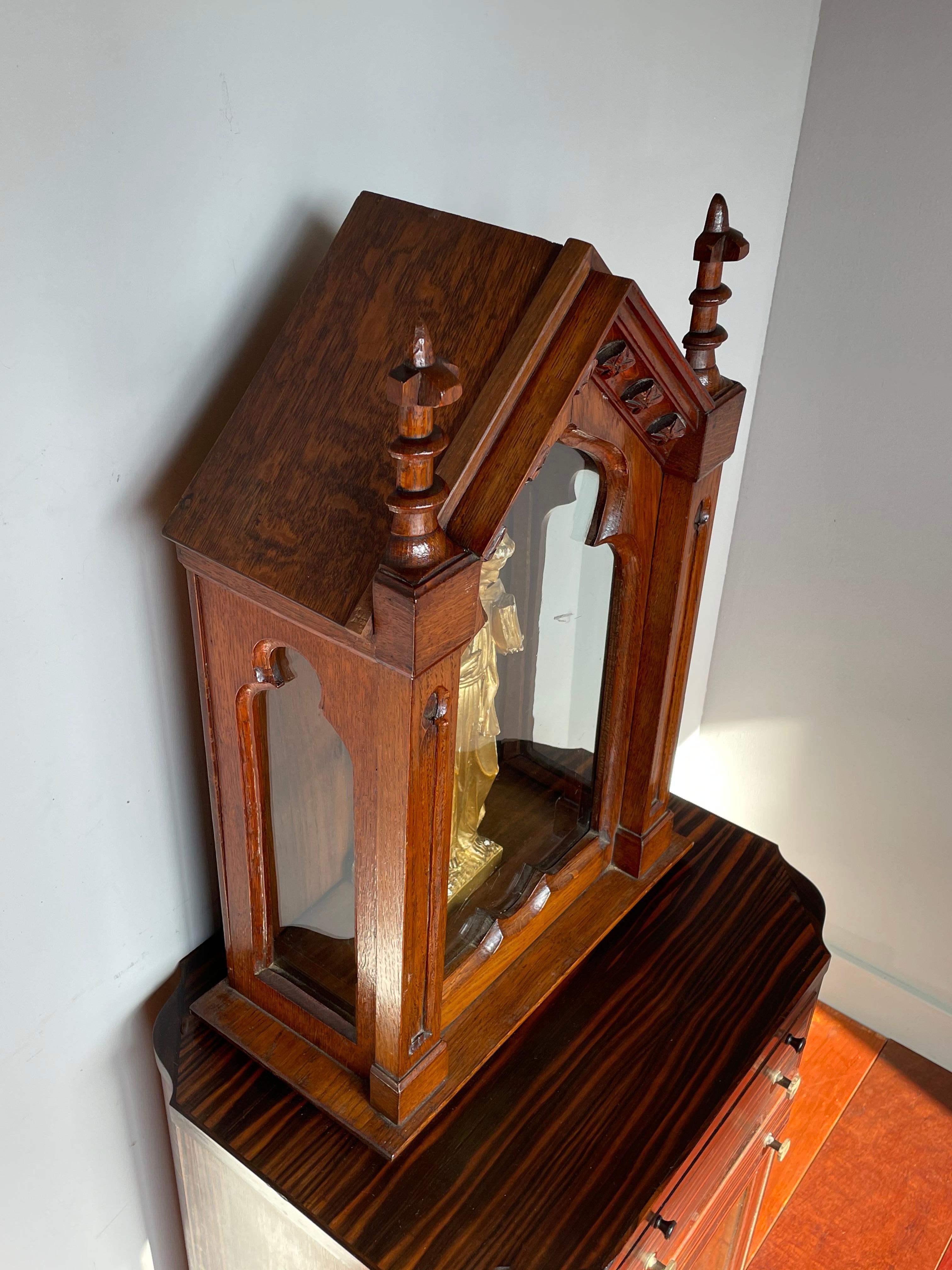 20th Century Antique Handmade Gothic Revival Glass and Oak Display Cabinet For a Saint Statue