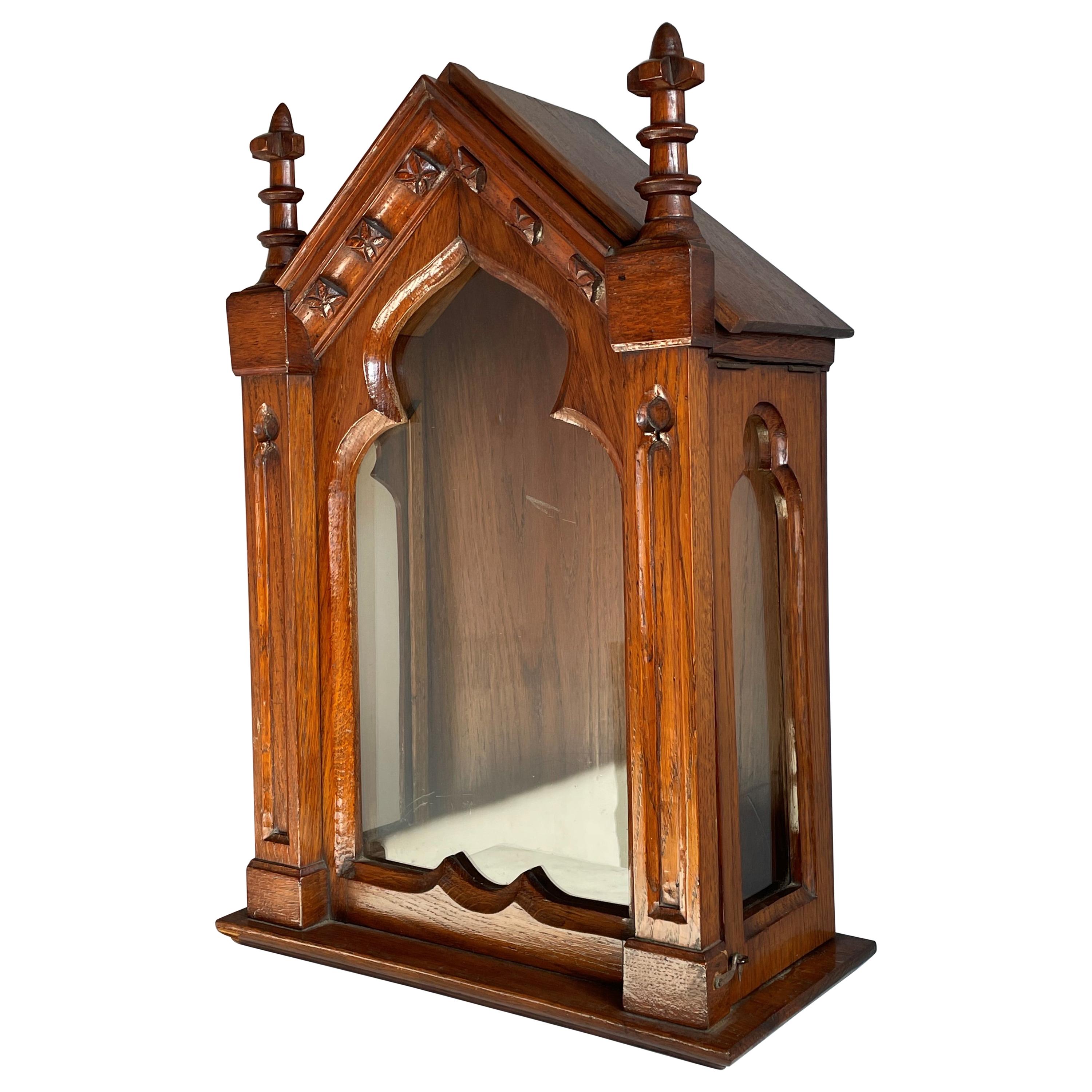 Antique Handmade Gothic Revival Glass and Oak Display Cabinet For a Saint Statue