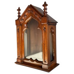 Antique Handmade Gothic Revival Glass and Oak Display Cabinet For a Saint Statue