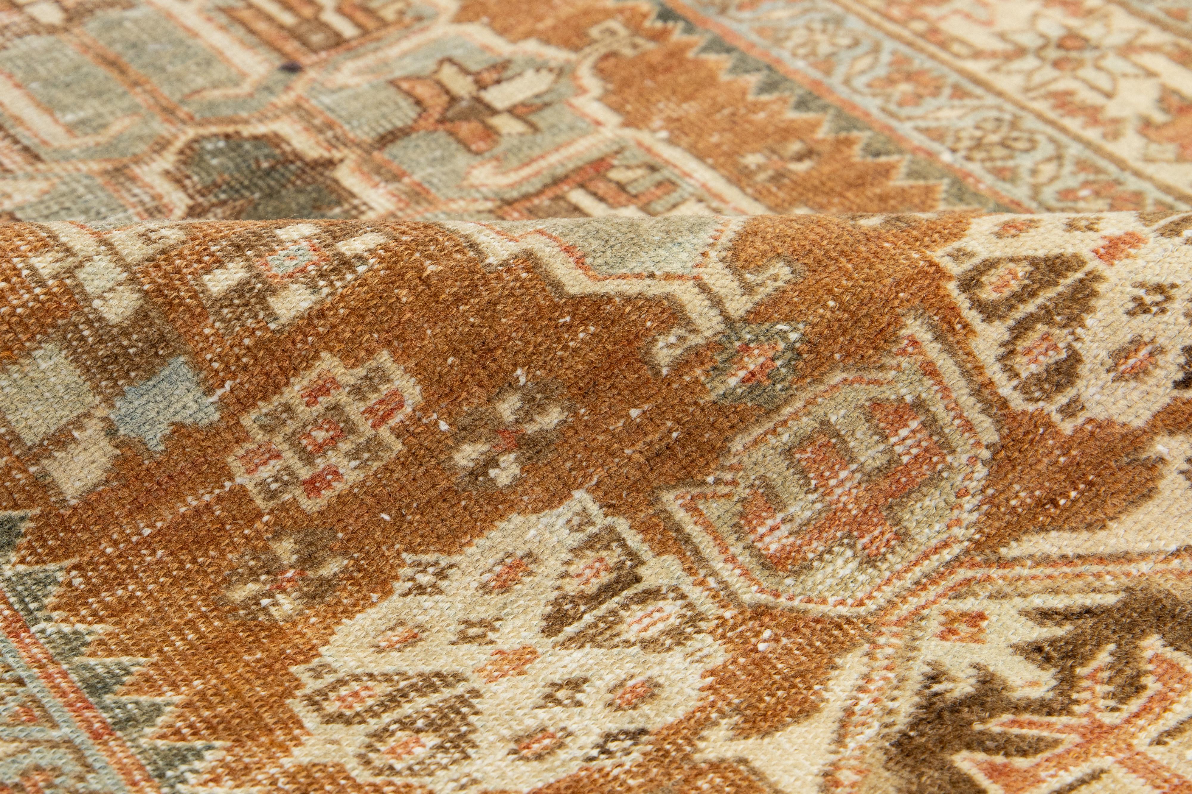 Persian Antique Handmade Heriz Wool Runner In Orange With Tribal Design For Sale