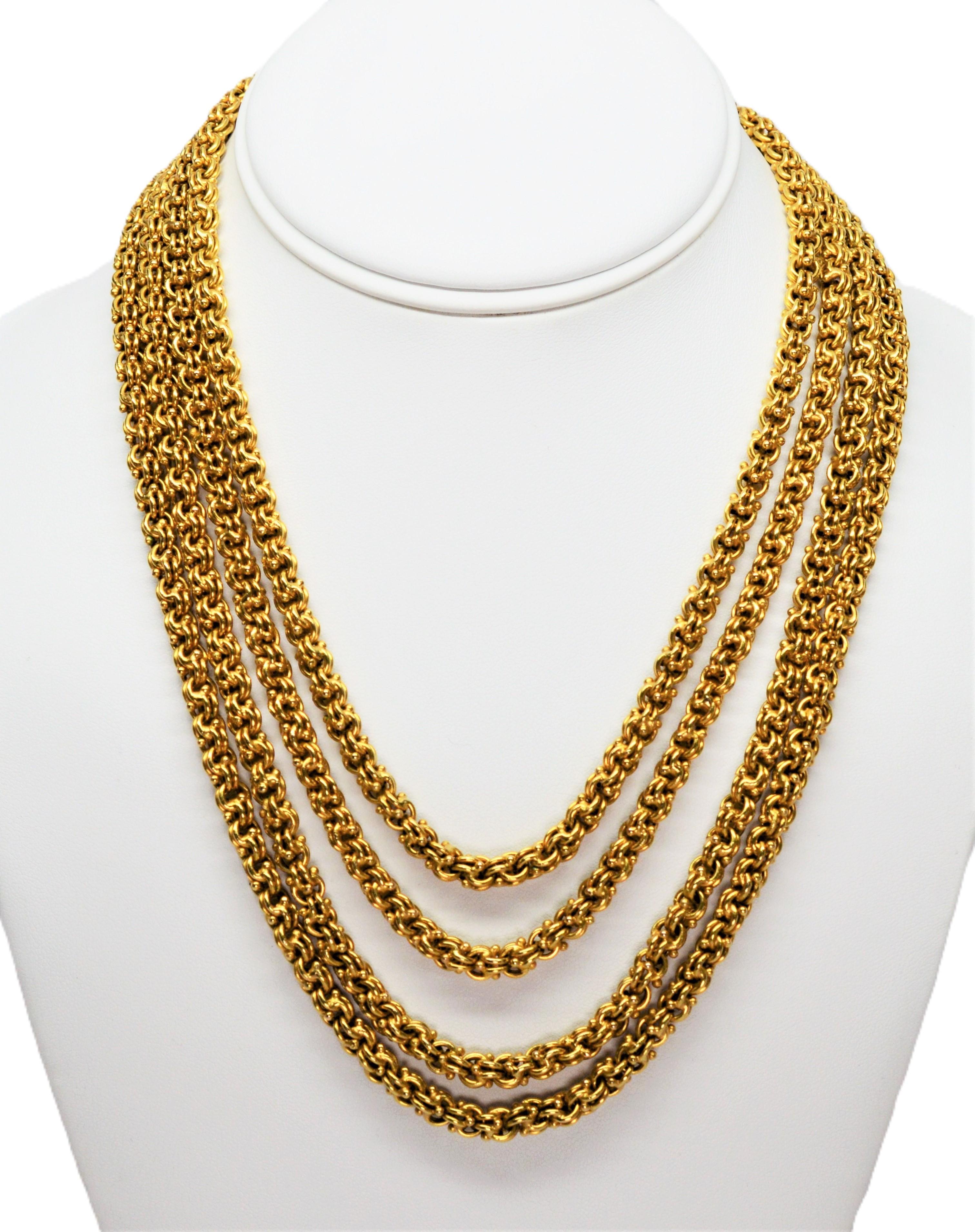 Ce collier antique à double chaîne câblée est en or jaune 18 carats de quatorze carats, ce qui le rend tout à fait extraordinaire.
Mesurant soixante-dix-huit (78) pouces de long, cette longueur continue de chaîne fabriquée à la main, d'une épaisseur