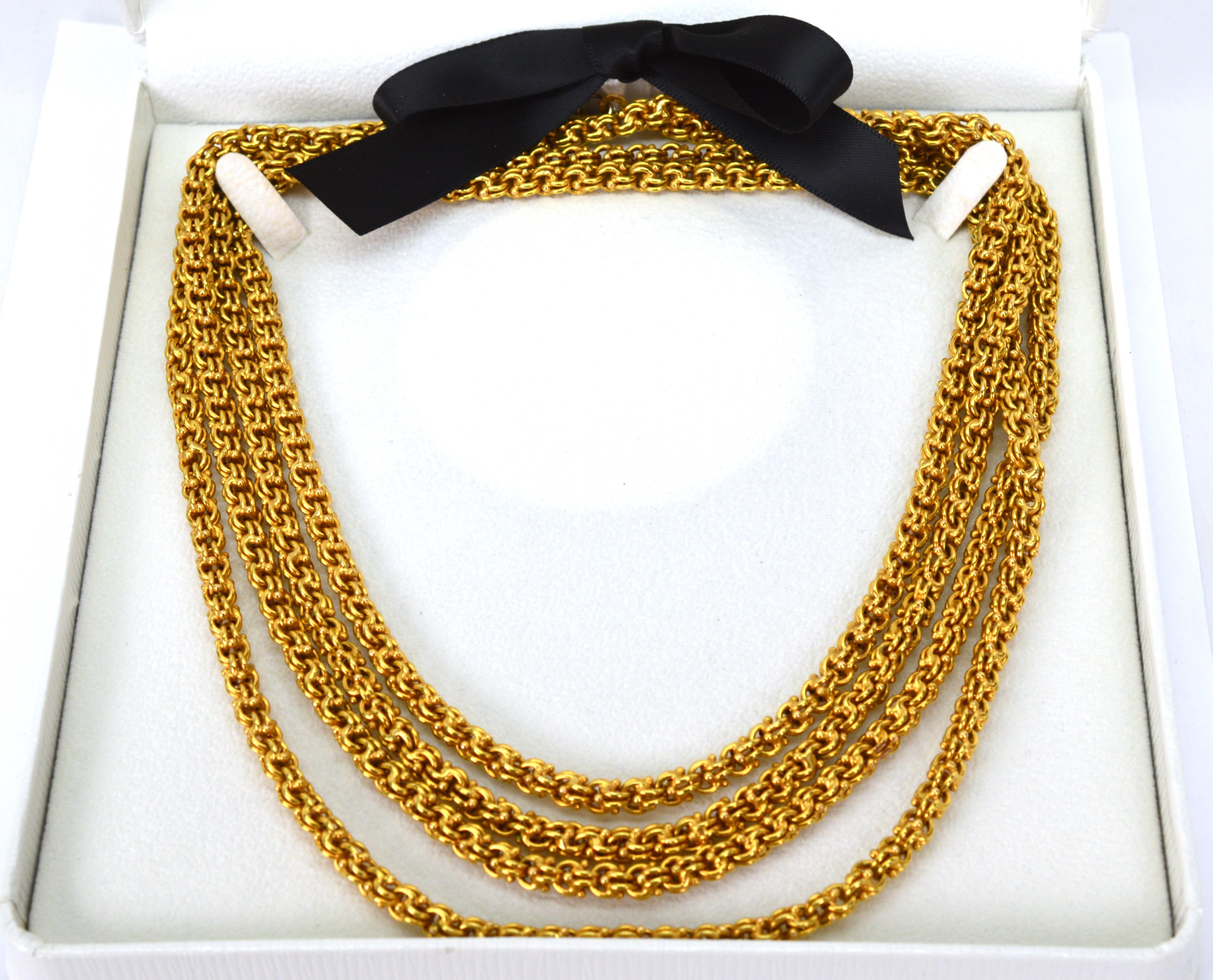 Longue chaîne artisanale ancienne à double câble en or jaune 18 carats Excellent état - En vente à Mount Kisco, NY