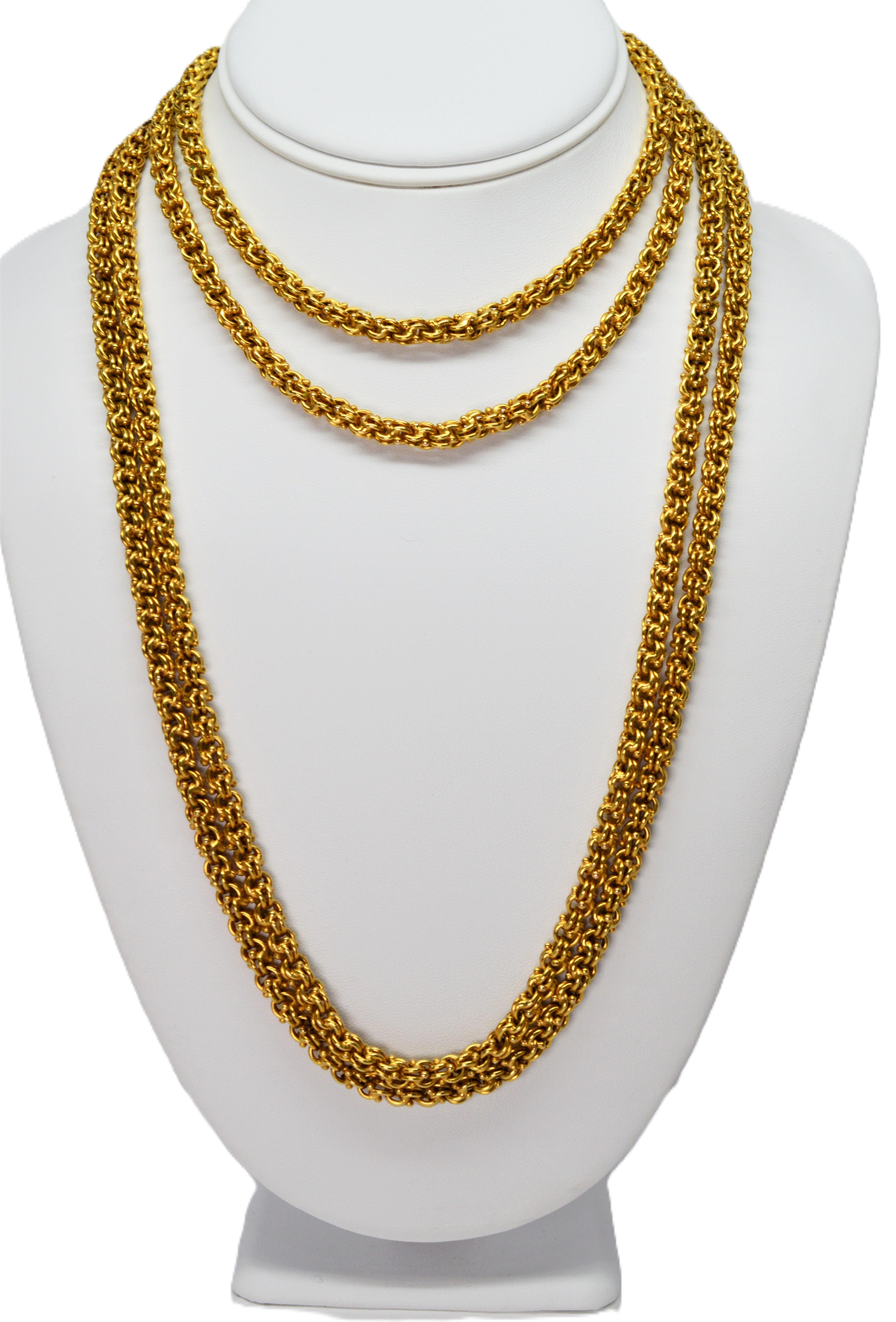 Longue chaîne artisanale ancienne à double câble en or jaune 18 carats en vente 4