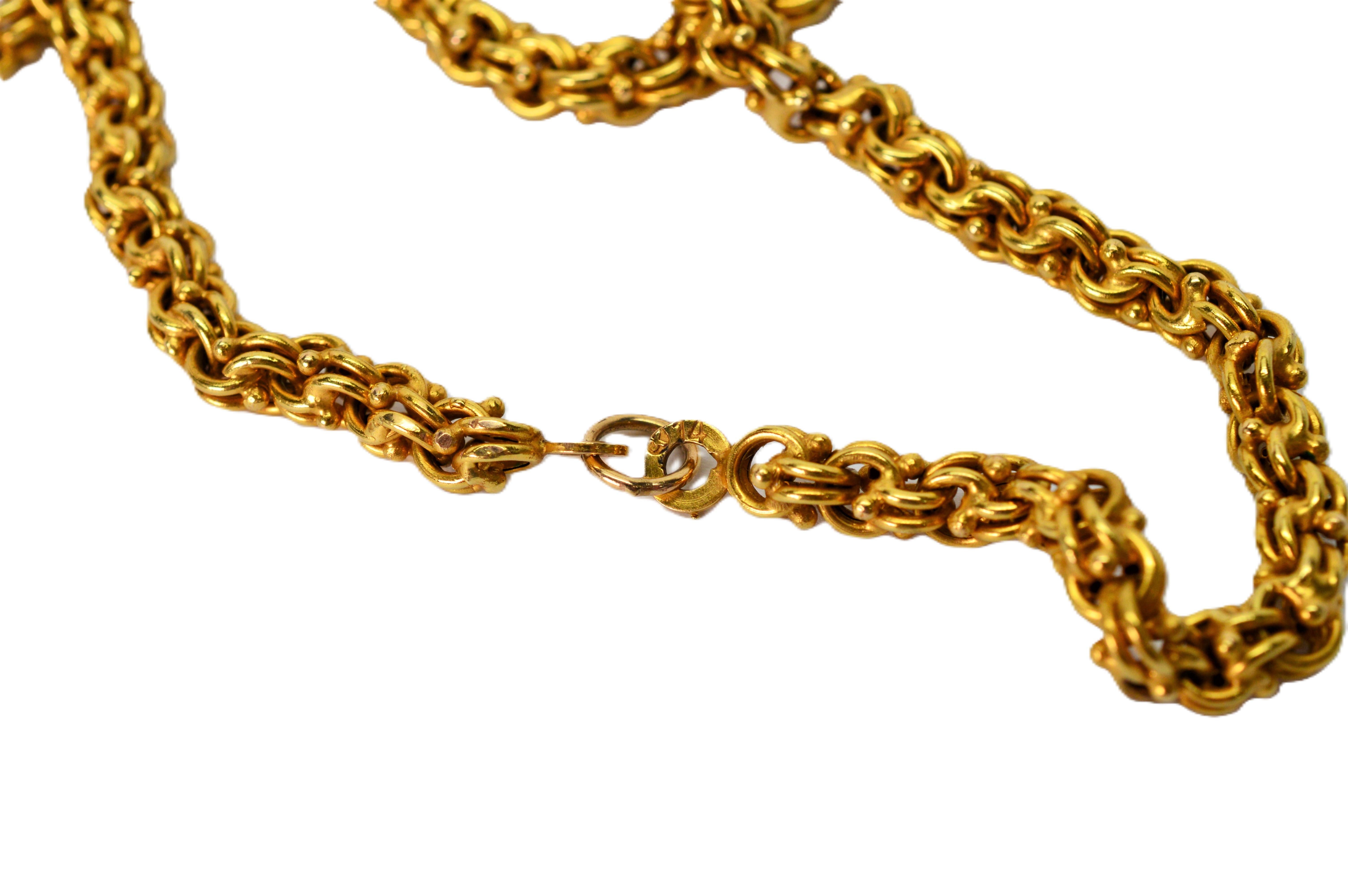 Longue chaîne artisanale ancienne à double câble en or jaune 18 carats en vente 2