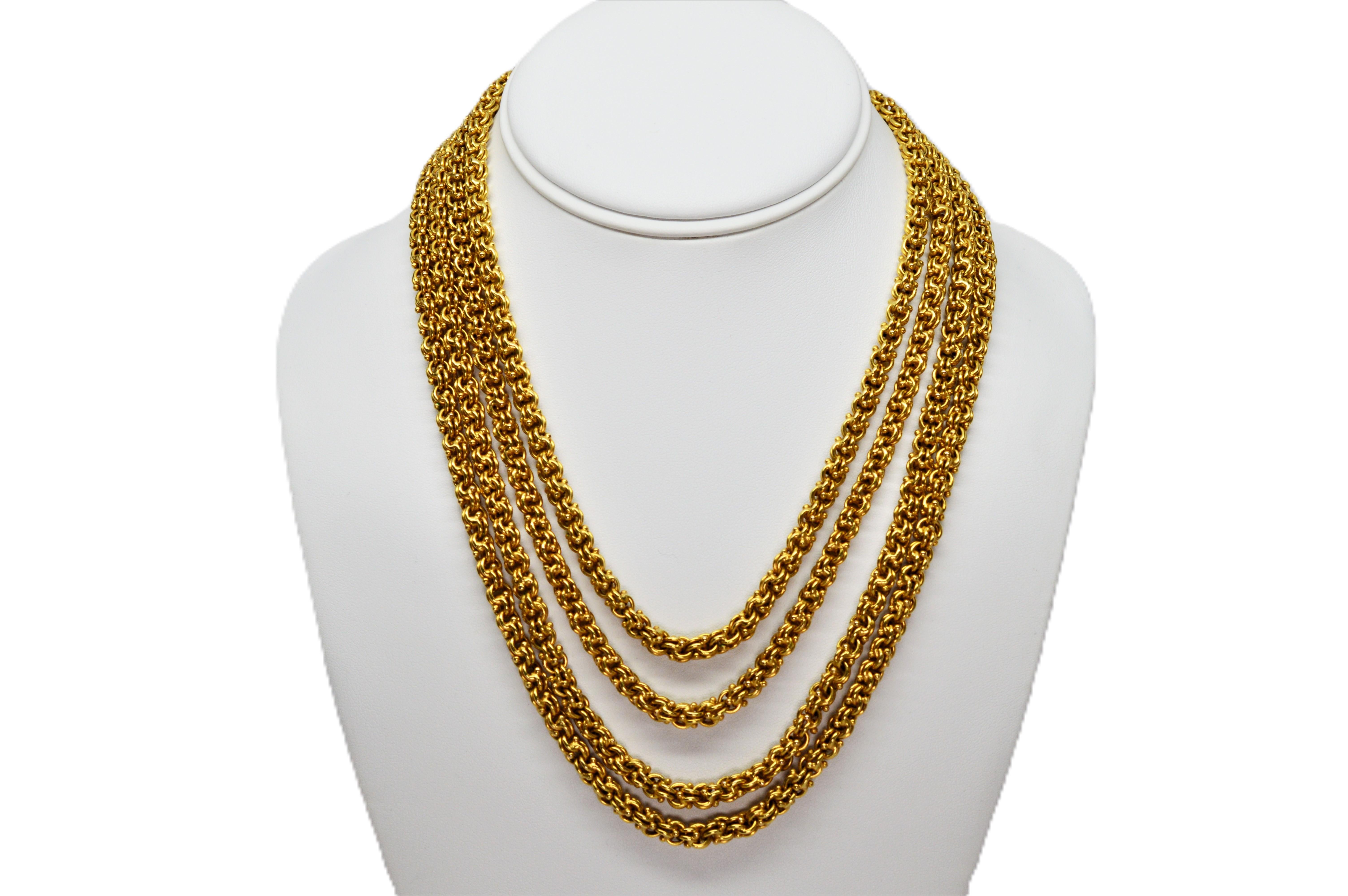 Longue chaîne artisanale ancienne à double câble en or jaune 18 carats en vente 3