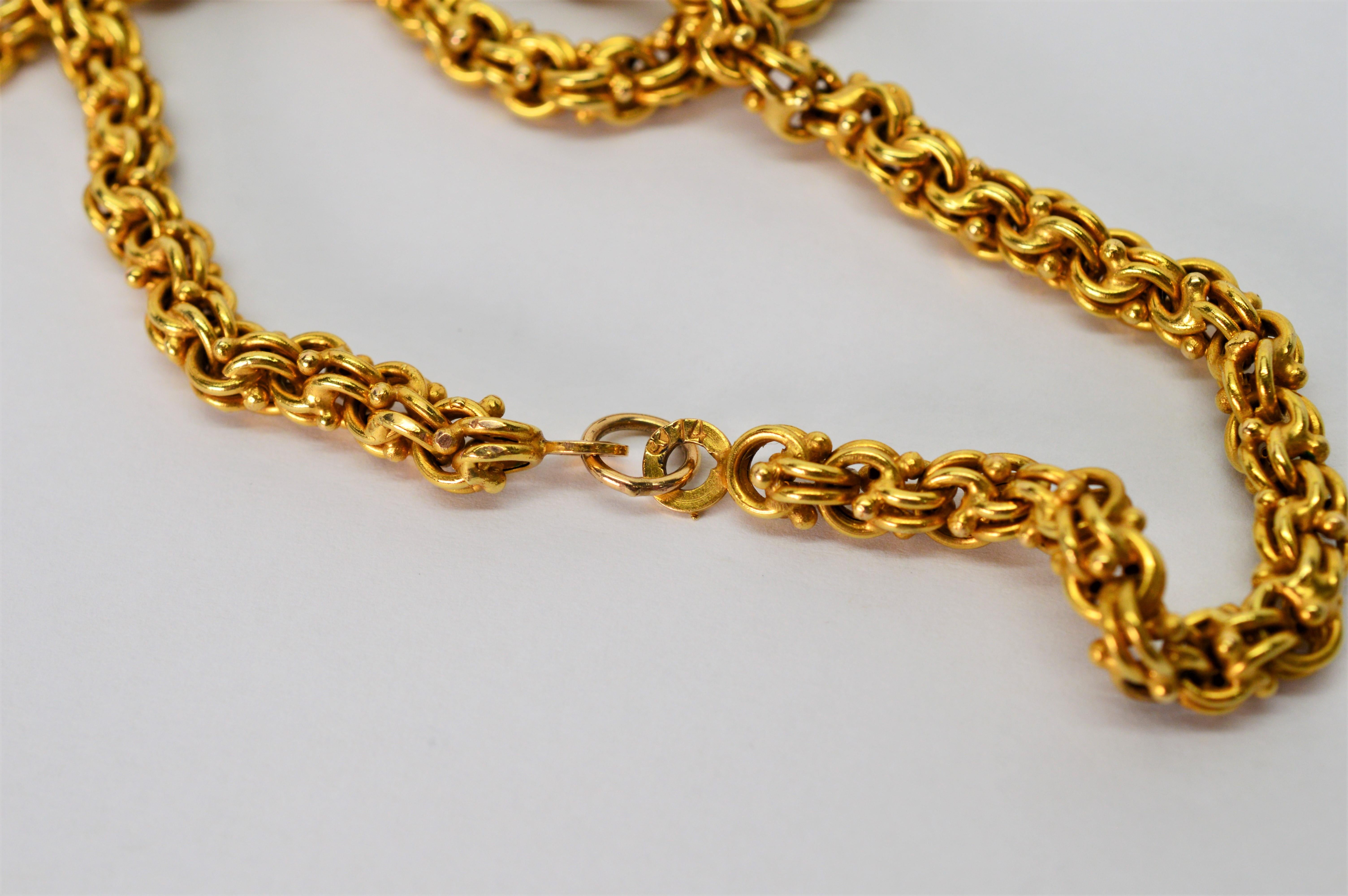 Antique Handmade Long Yellow Gold Double Cable Chain In Excellent Condition For Sale In Mount Kisco, NY