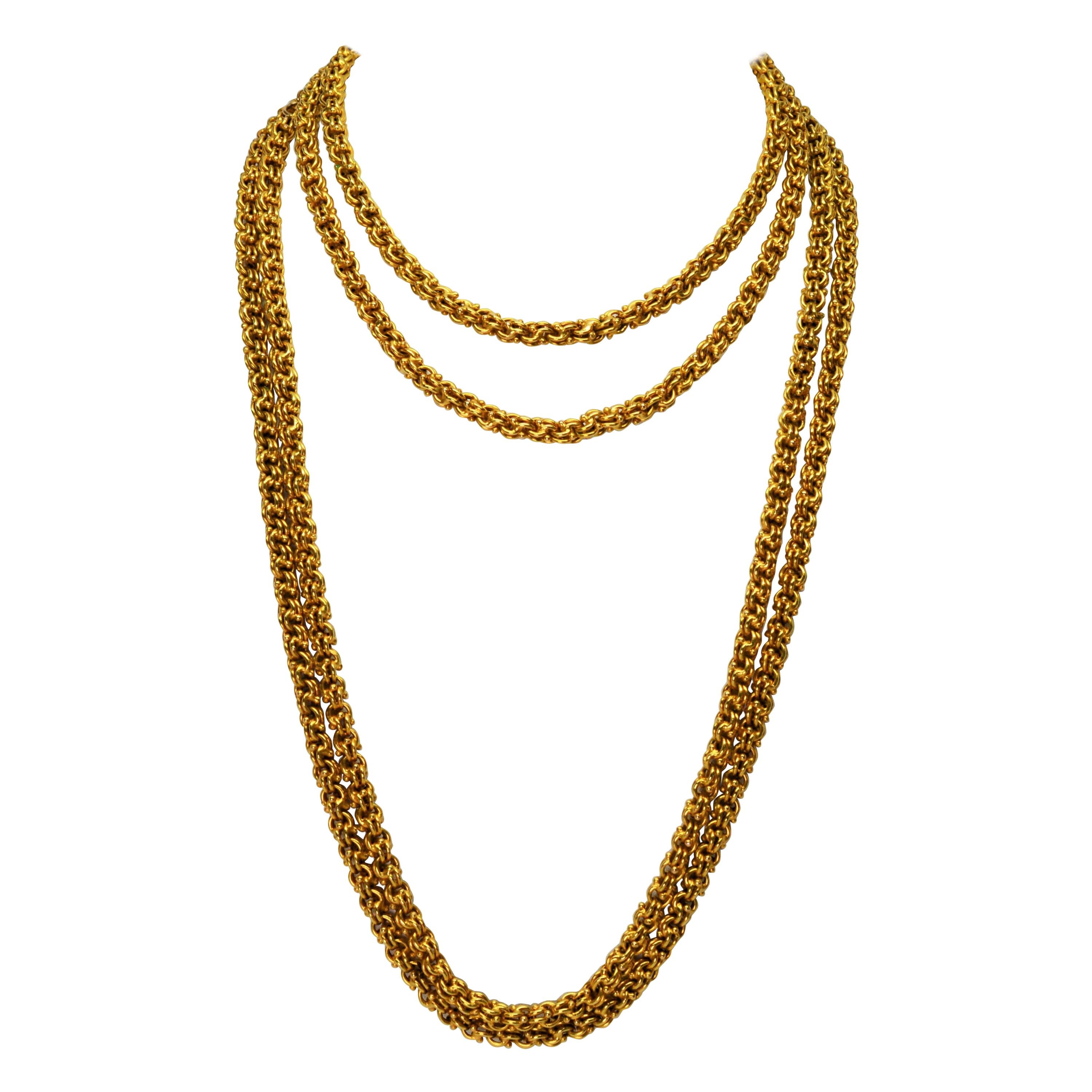 Antique Handmade Long Yellow Gold Double Cable Chain For Sale
