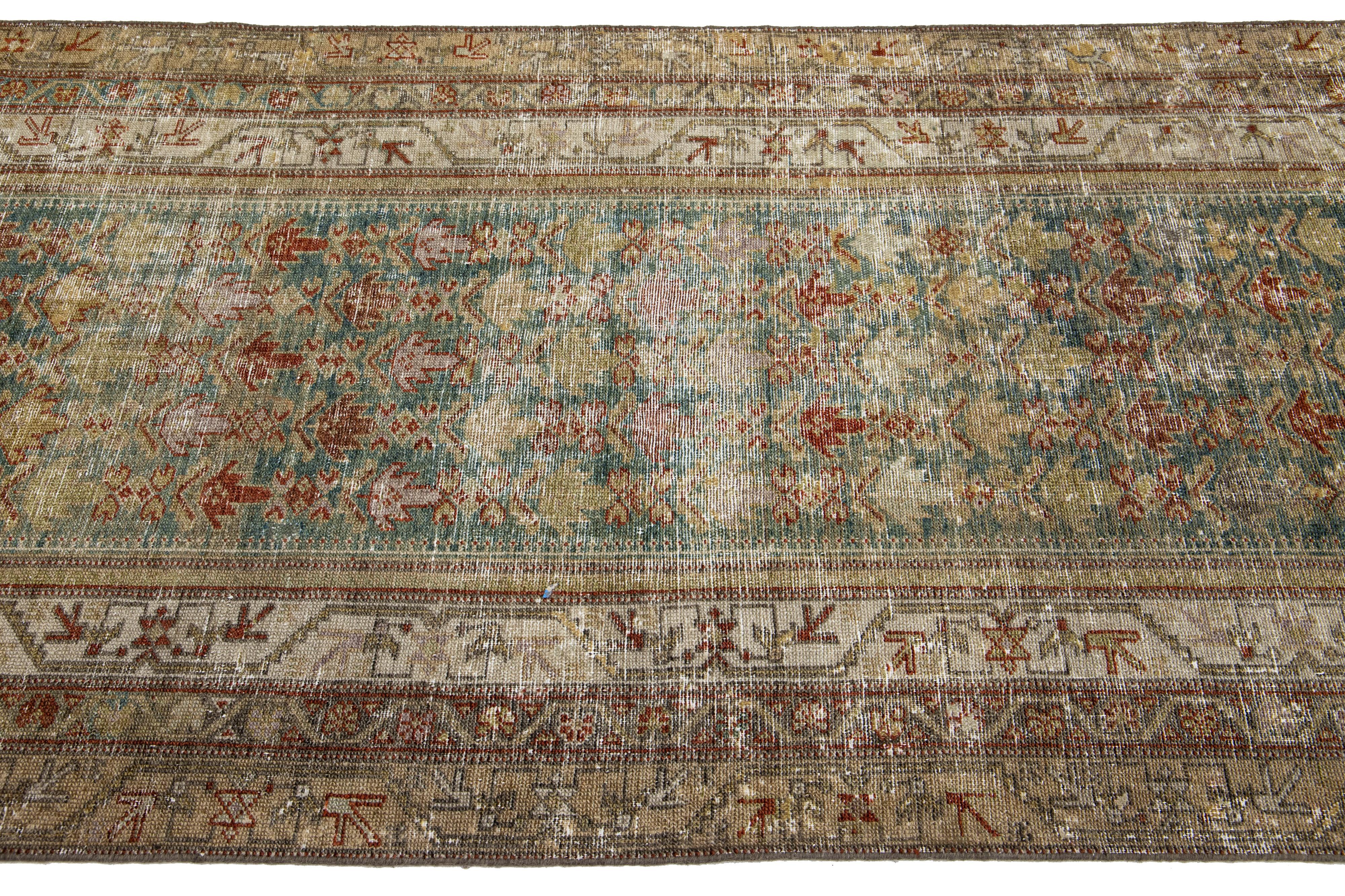 Antique  Handmade Malayer Persian Blue Wool Runner with an Allover Pattern In Distressed Condition For Sale In Norwalk, CT