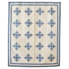 Antique Handmade Patchwork "Fleur de Lis" Quilt in Blue and Creme Cotton, USA