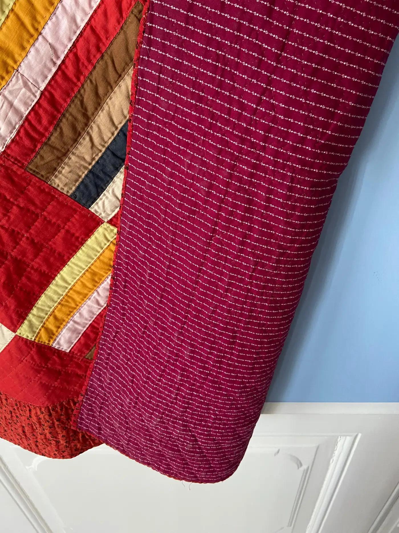 American Antique Handmade Patchwork “Joseph’s Coat Variation” Quilt in Red, USA, 1880s For Sale