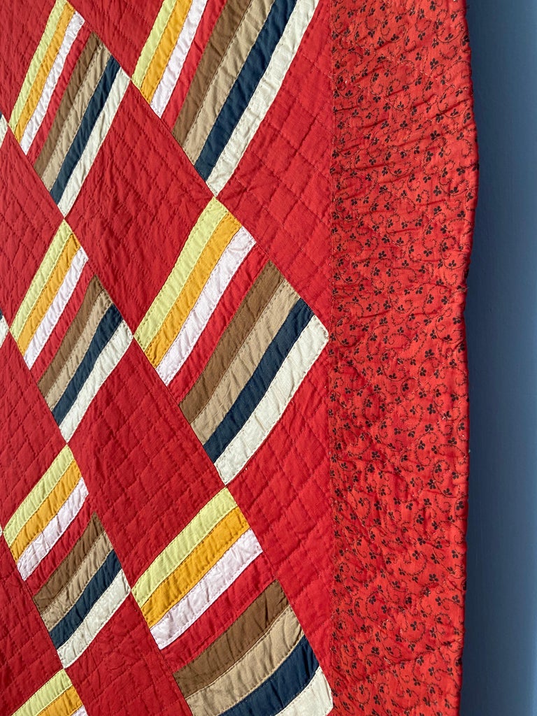 19th Century Antique Handmade Patchwork “Joseph’s Coat Variation” Quilt in Red, USA, 1880's For Sale
