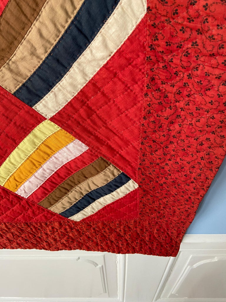 Cotton Antique Handmade Patchwork “Joseph’s Coat Variation” Quilt in Red, USA, 1880's For Sale
