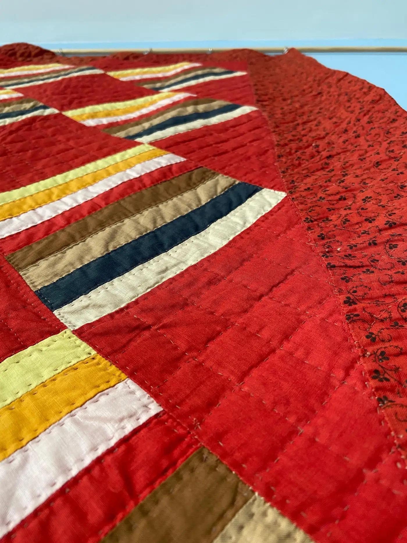 Cotton Antique Handmade Patchwork “Joseph’s Coat Variation” Quilt in Red, USA, 1880s For Sale