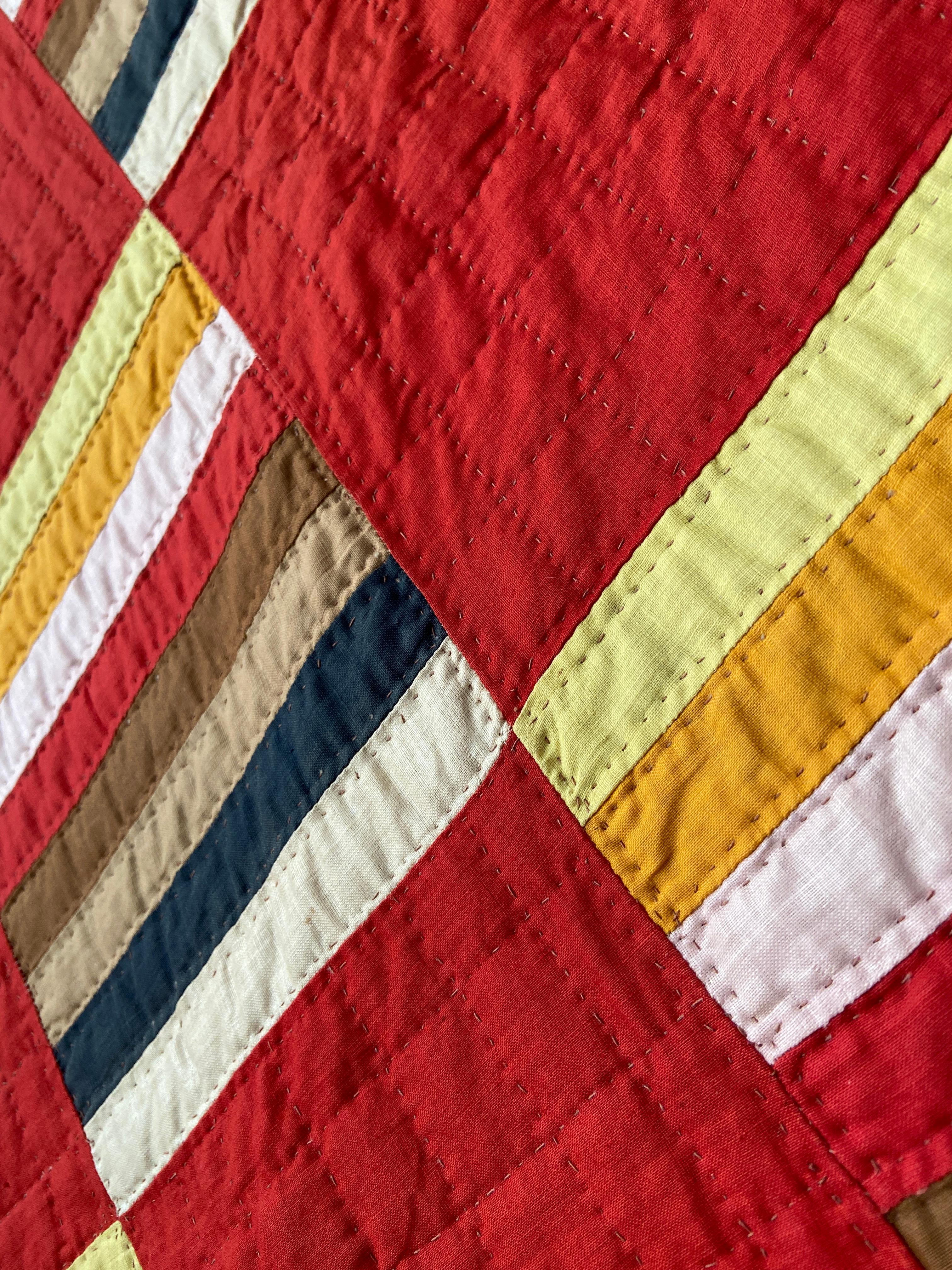19th Century Antique Handmade Patchwork “Joseph’s Coat Variation” Quilt in Red, USA, 1880's